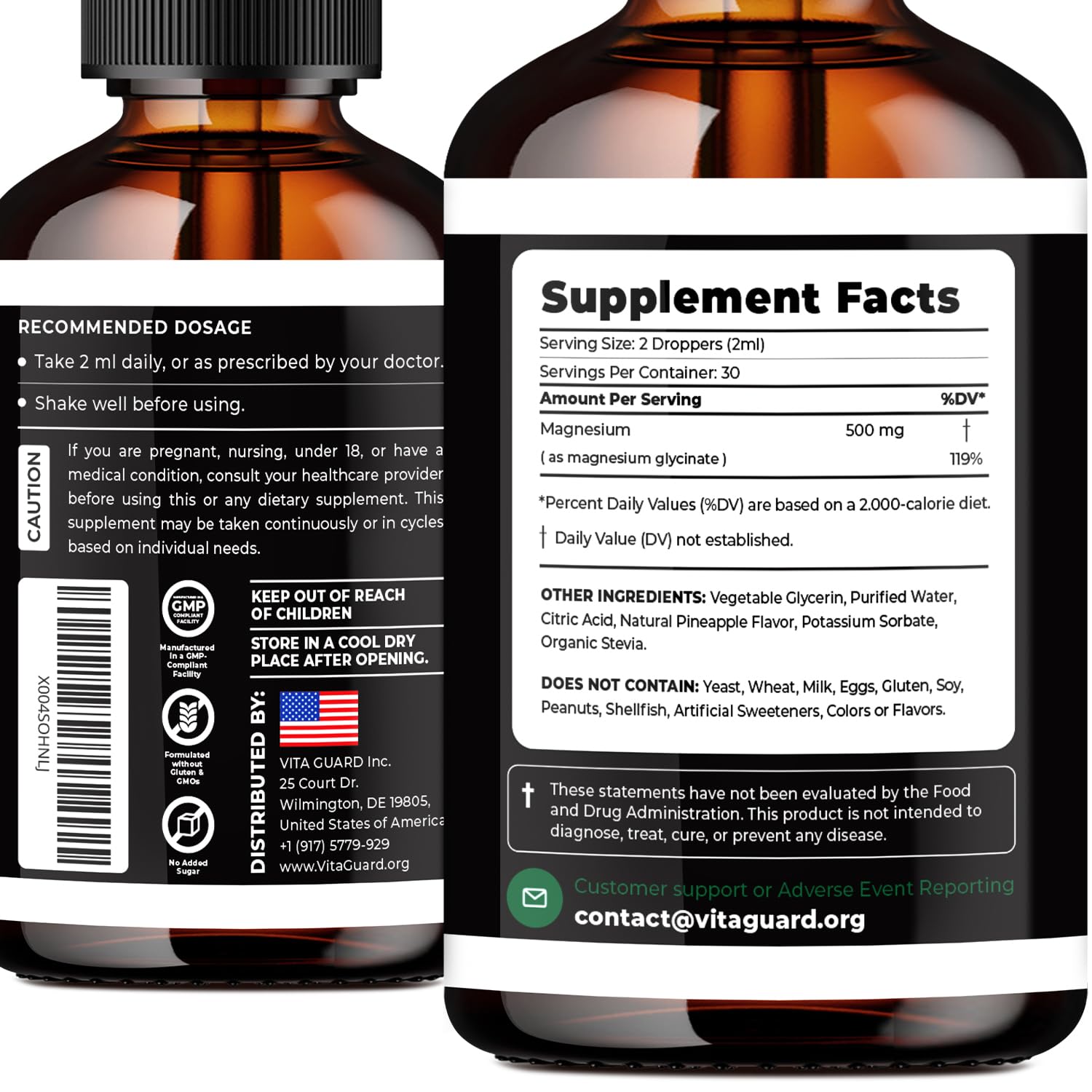 Magnesium Glycinate 500mg Liquid Drops – Sugar-Free Magnesium Supplement, Vegan Formula, 60 mL Flavor Pineapple Vita Guard Au supplements