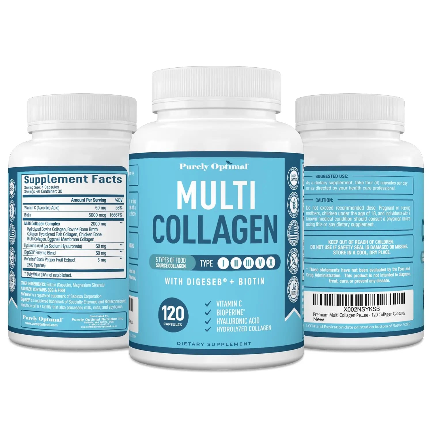 Premium Multi Collagen Peptides (Types I, II, II, V, X) - Collagen Pills for Skin Care, Hair Growth, Nails & Joints - Vitamin C, Hyaluronic Acid Purely Optimal Au supplements