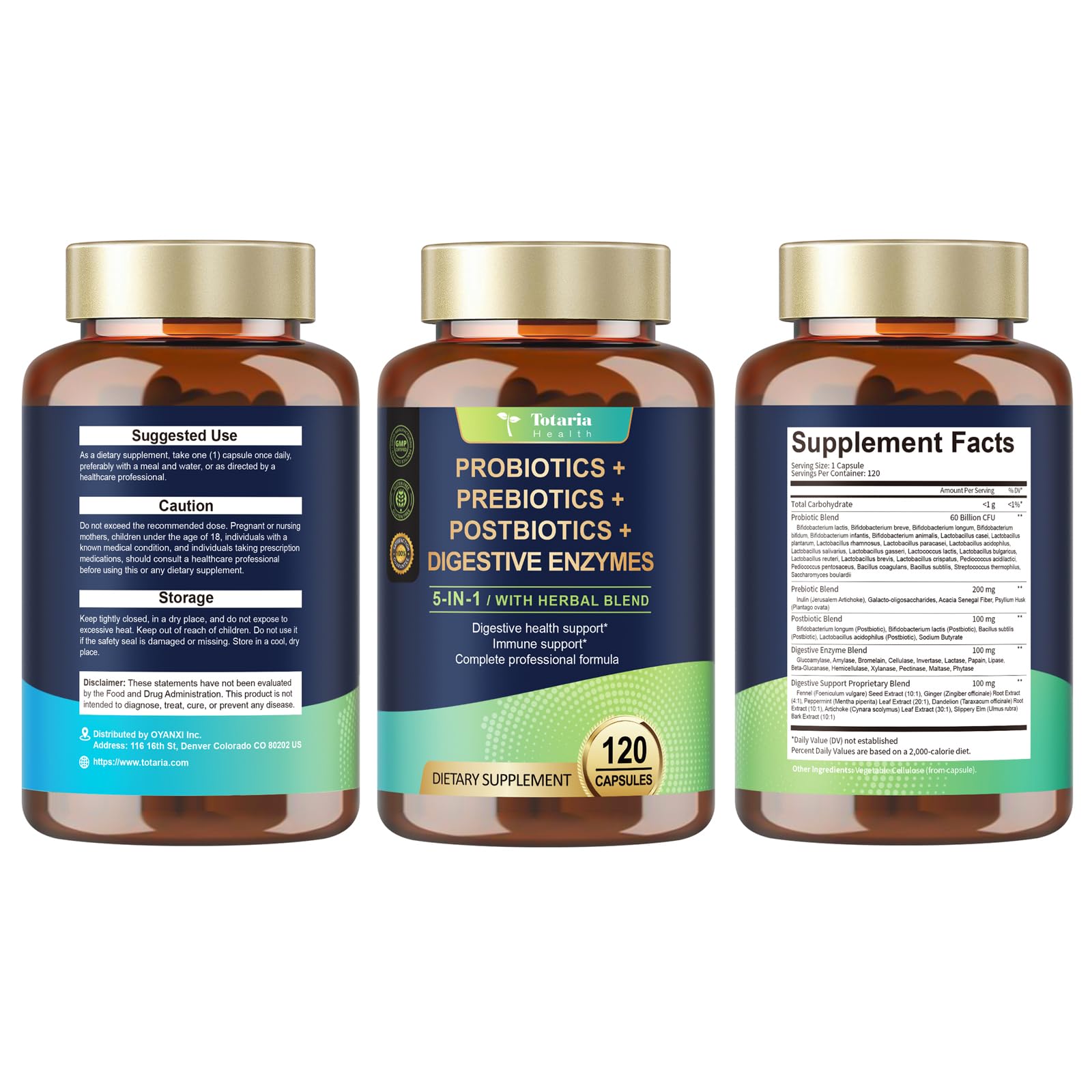 Totaria (2 Packs) 5-in-1 Probiotic Prebiotic & Postbiotic for Women Men, 60 Billion CFU 24 Strains w/Digestive Enzymes, Slippery Elm, Daily Complete Gut Health, Digestive & Immune Support Totaria Au supplements