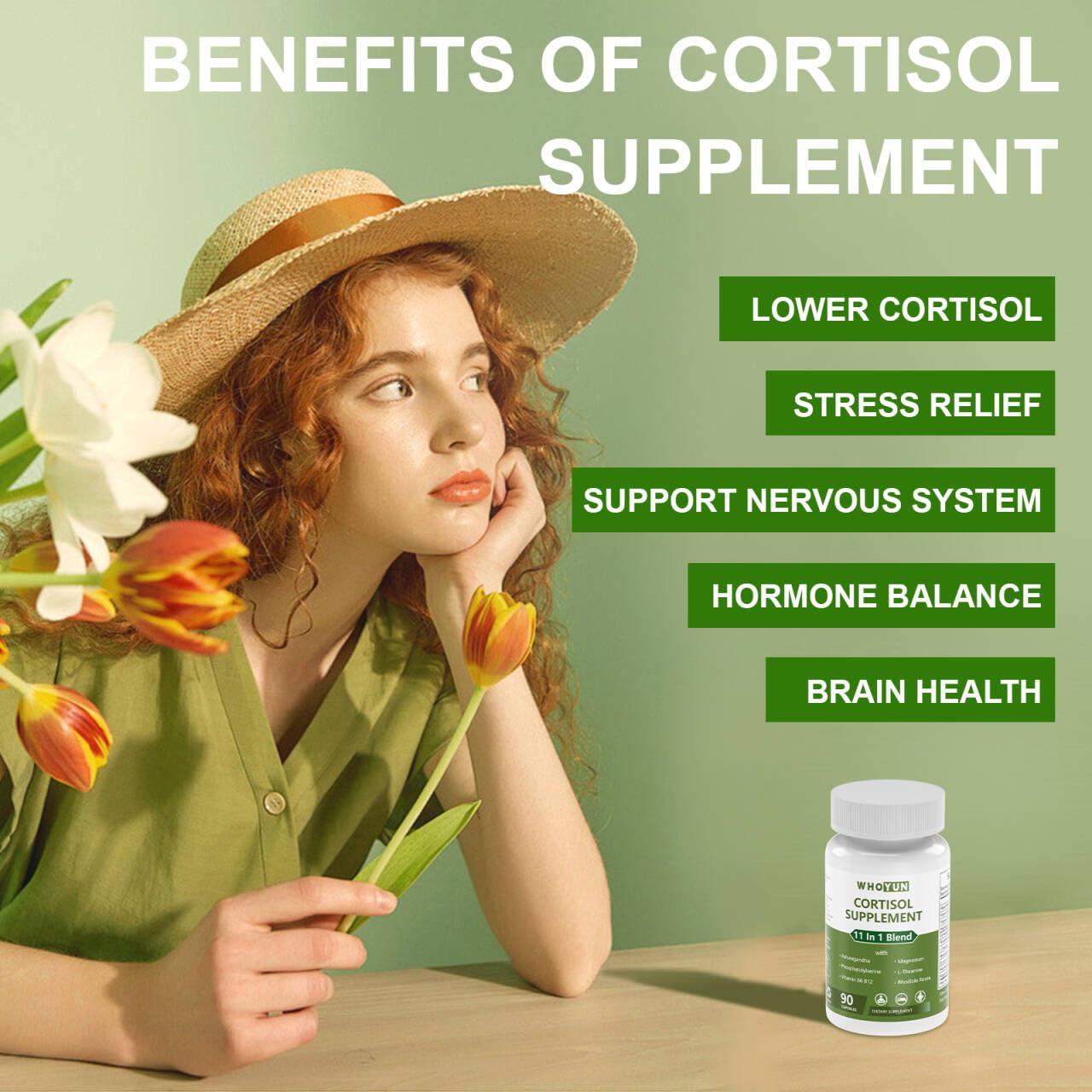 Whoyun Cortisol Supplement for Women, 11 in 1 Lower Cortisol Blend with Ashwagandha, Phosphatidylserine, Magnesium, L-Theanine, Vegan, 90 Capsules Whoyun Au supplements