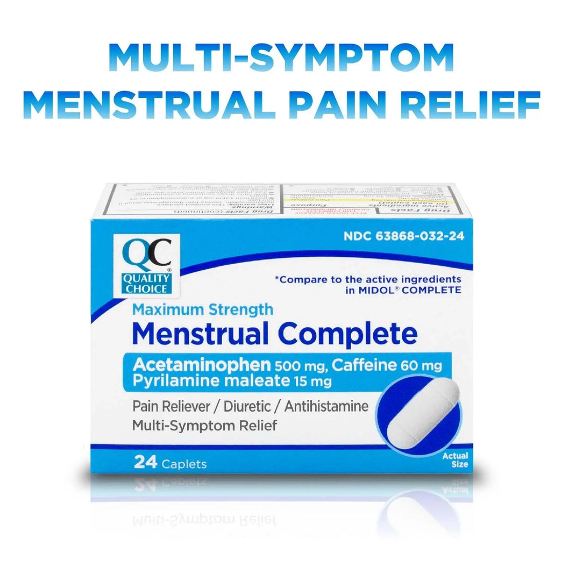 Quality Choice Menstrual Complete Max Strength Period Pain Relief, 500 mg of Acetaminophen, 60mg of Caffeine, 15mg of Pyrilamine Maleate, Cramps, Bloating, Headache. 24 Count. Quality Choice Au supplements