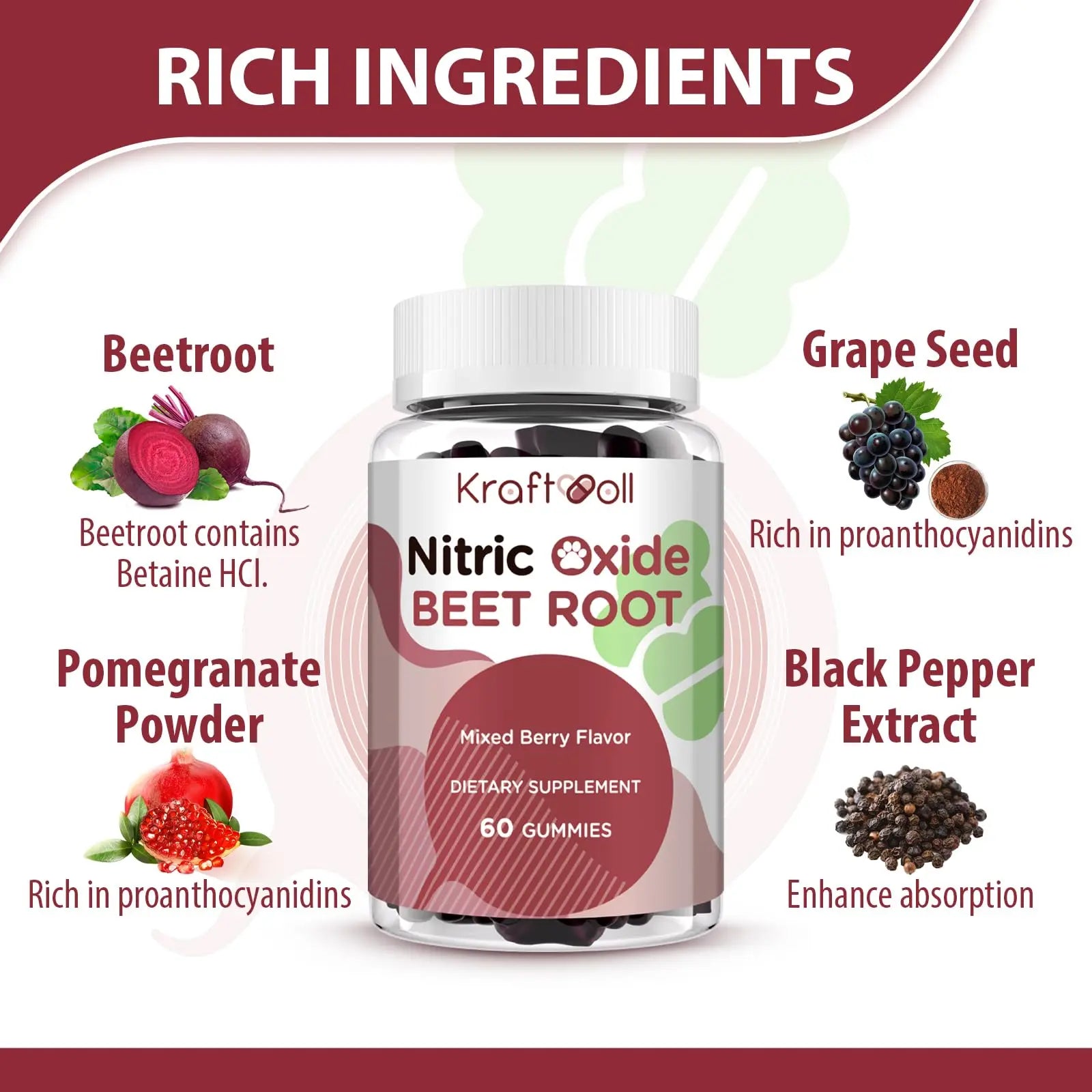 Kraftvoll Nitric Oxide Beet Root Gummies – Sugar-Free Beet Chewables, Mixed Berry Flavor with Grapeseed Powder, Pomegranate, Vitamin C & B12 – Nitric Oxide Supplements for Men – 60 Gummies (2 Bottles) Kraftvoll Au supplements