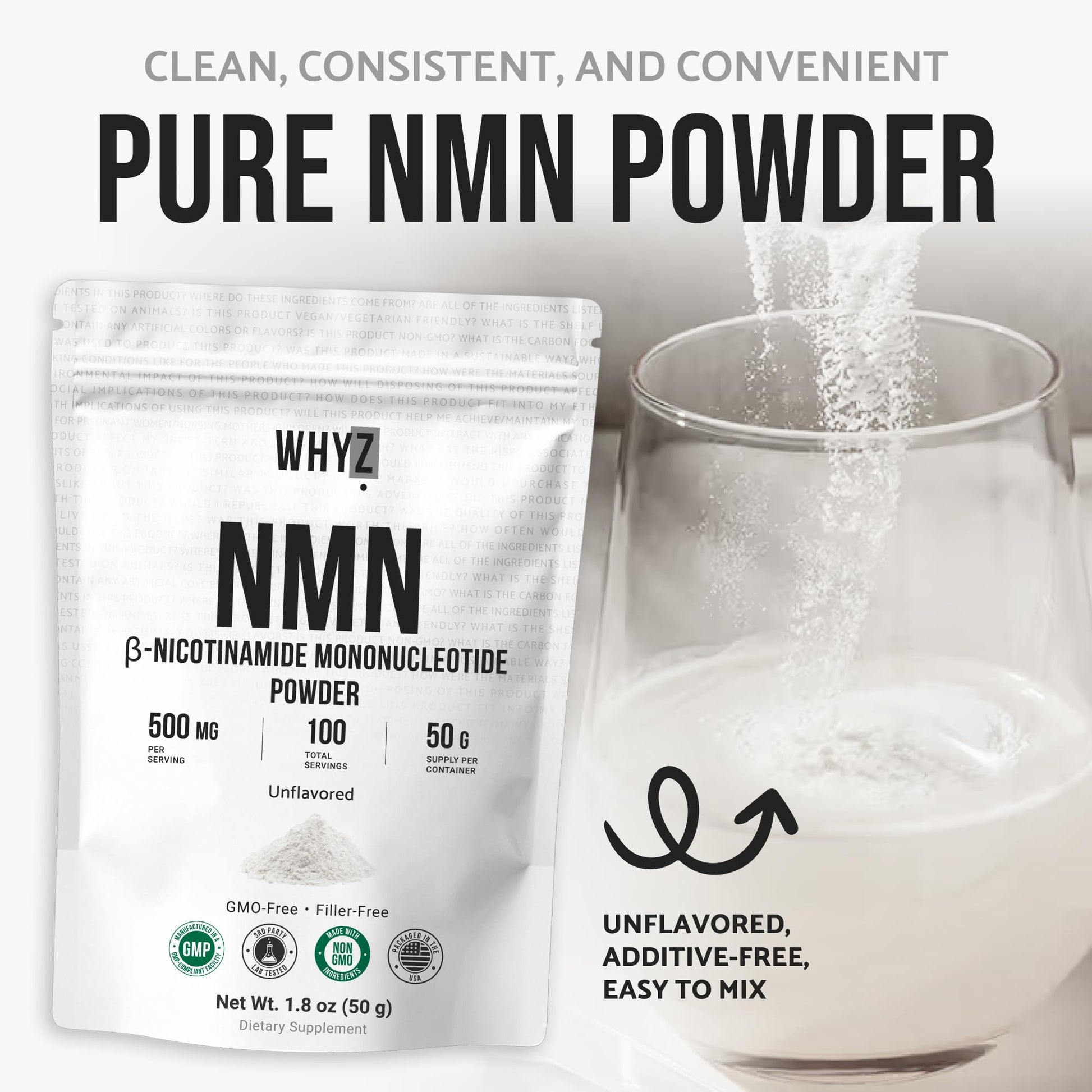 Pure NMN Powder Nicotinamide Mononucleotide Quick Dissolved NMN Supplement Powder 100% Unflavored NMN Supplement Supports NAD+ Levels Vegan Friendly Non-GMO, 50g WHYZ Au supplements