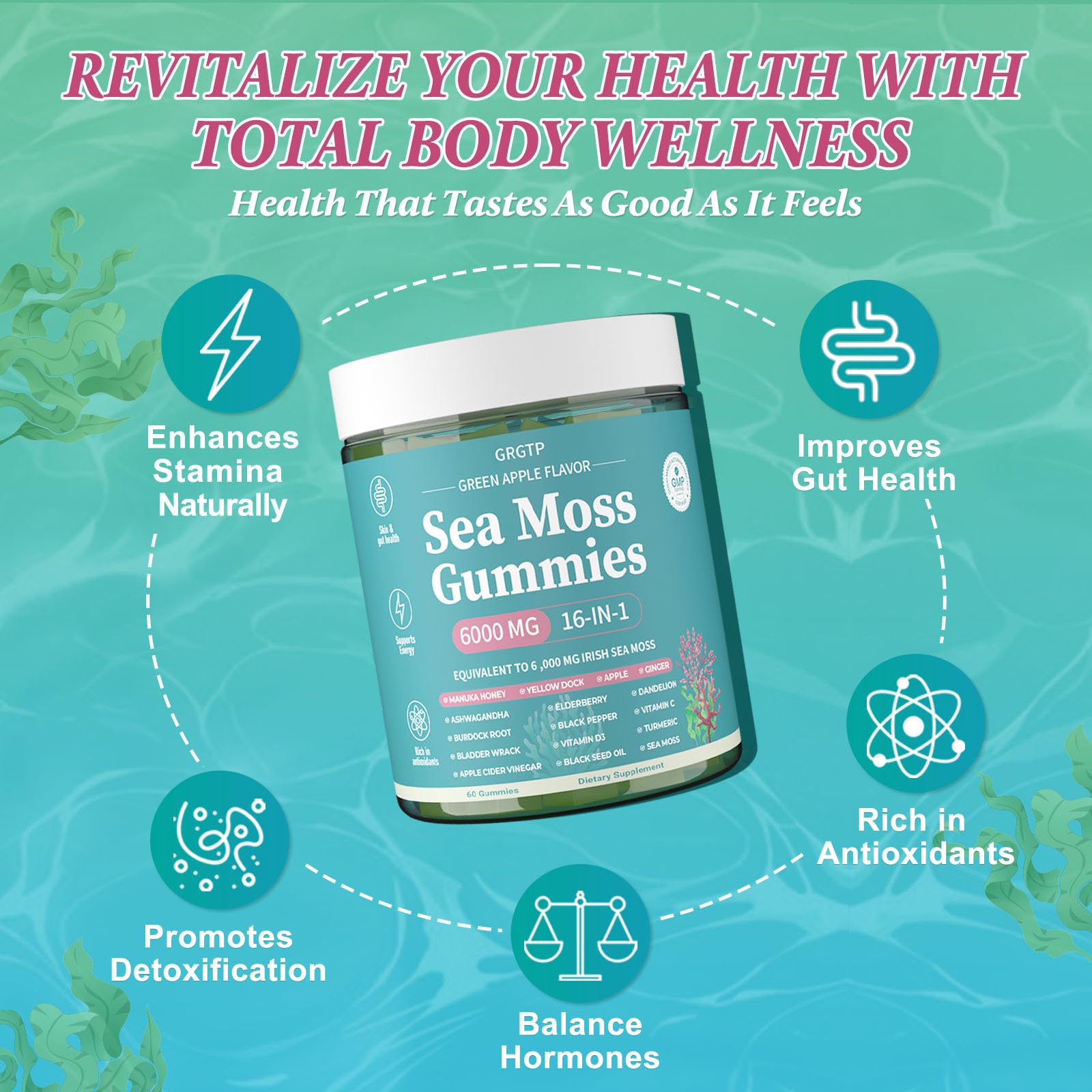 Sea Moss Gummies 16-in-1 - Ashwagandha Black Seed Oil Bladder Wrack Turmeric Vitamin C & D3 with Manuka Burdock Root Dandelion Yellow Dock Natural Detox & Liver Health Immune Support, Energy Boost GRGTP Au supplements