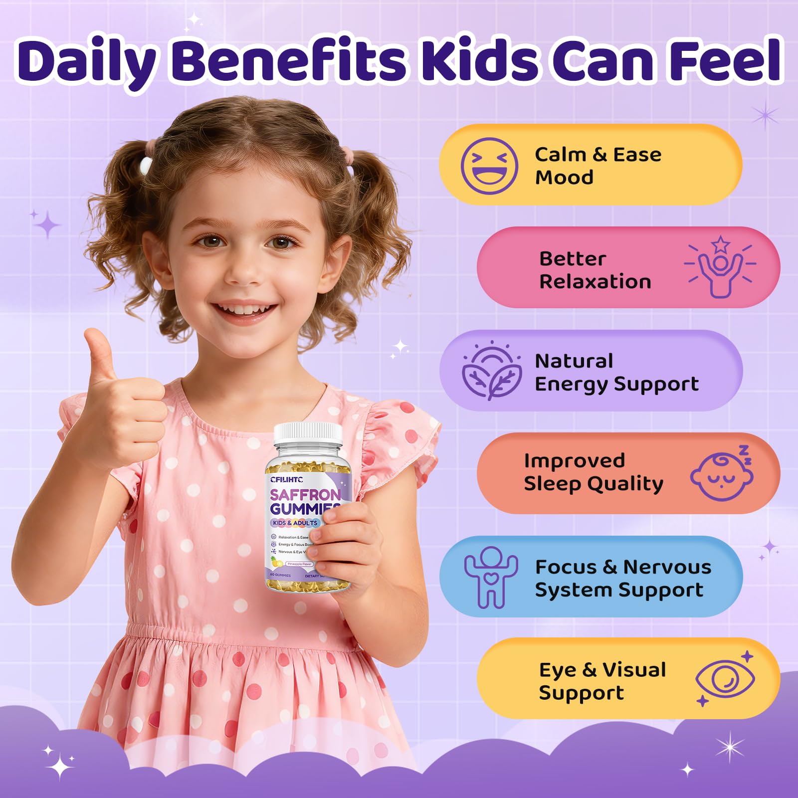 Saffron Gummies for Kids & Adults, 20-in-1 Saffron Supplements with 88.5mg Saffron Extract, B6, B12, C, D3, Magnesium for Calm, Focus, Nerve, Sugar Free, Vegan, Non-GMO - Pineapple Flavor, 60 Counts CFILIHTC Au supplements