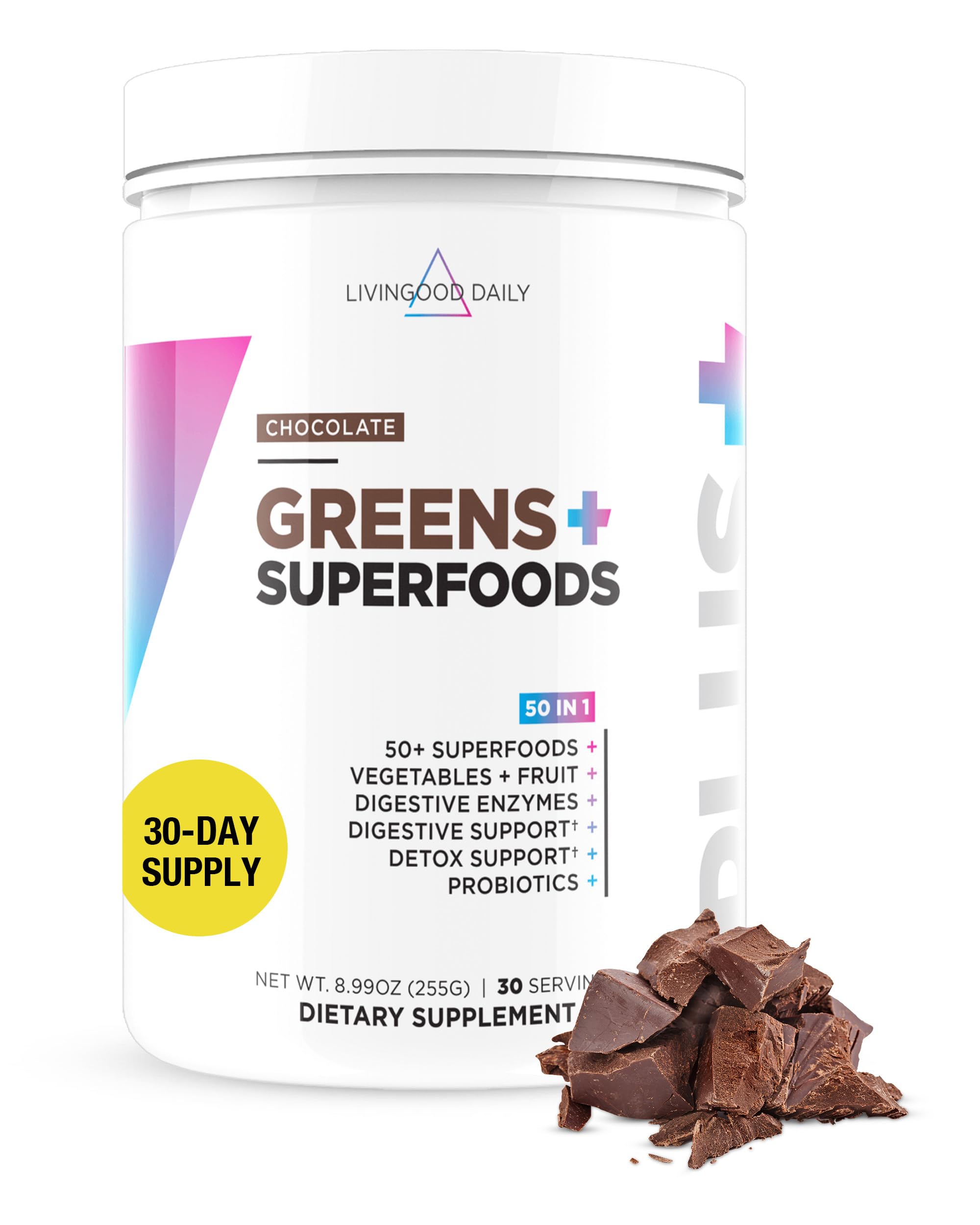 Livingood Daily Greens & Superfood Powder, Super Greens for Gut Health, Green Juice Powder with Spirulina, Chlorella, and Digestive Enzymes, Probiotics for Digestive Support, Chocolate, 30 Servings Livingood Daily Au supplements