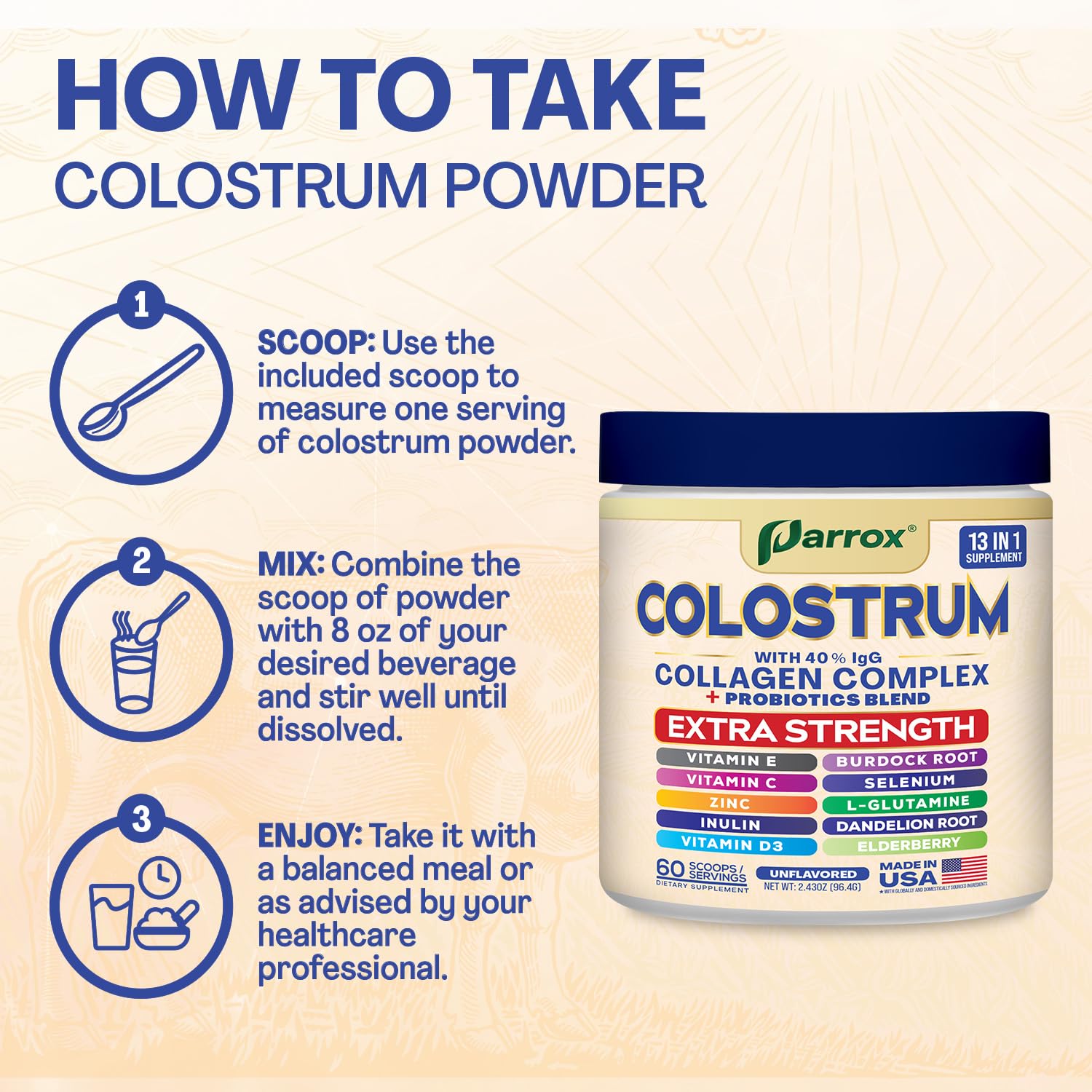 Parrox Colostrum Powder with 40% IgG, Collagen, Probiotics, Burdock Root, L-Glutamine, Elderberry, Vitamin C, Vitamin E, Vitamin D3, Inulin, Selenium, Dandelion Root, Zinc, 60 Servings (Unflavored) Parrox Au supplements