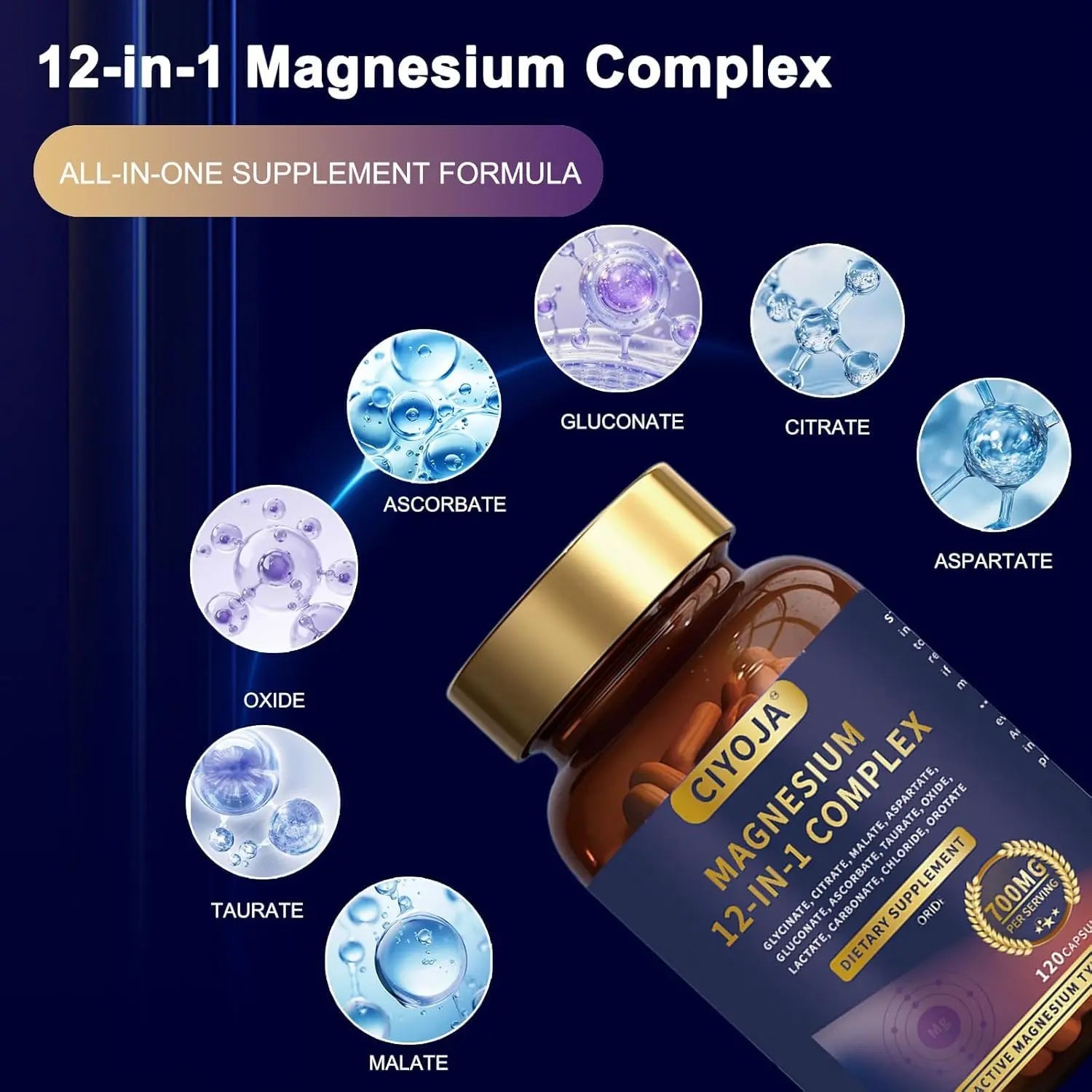 12 in 1 Magnesium Complex 700mg: Magnesium Supplement with Glycinate, Citrate, Malate, Taurate, High Absorption Magnesium for Sleep, Muscle Recovery, Nerve & Heart Support, Vegan, 120 Capsules CIYOJA Au supplements