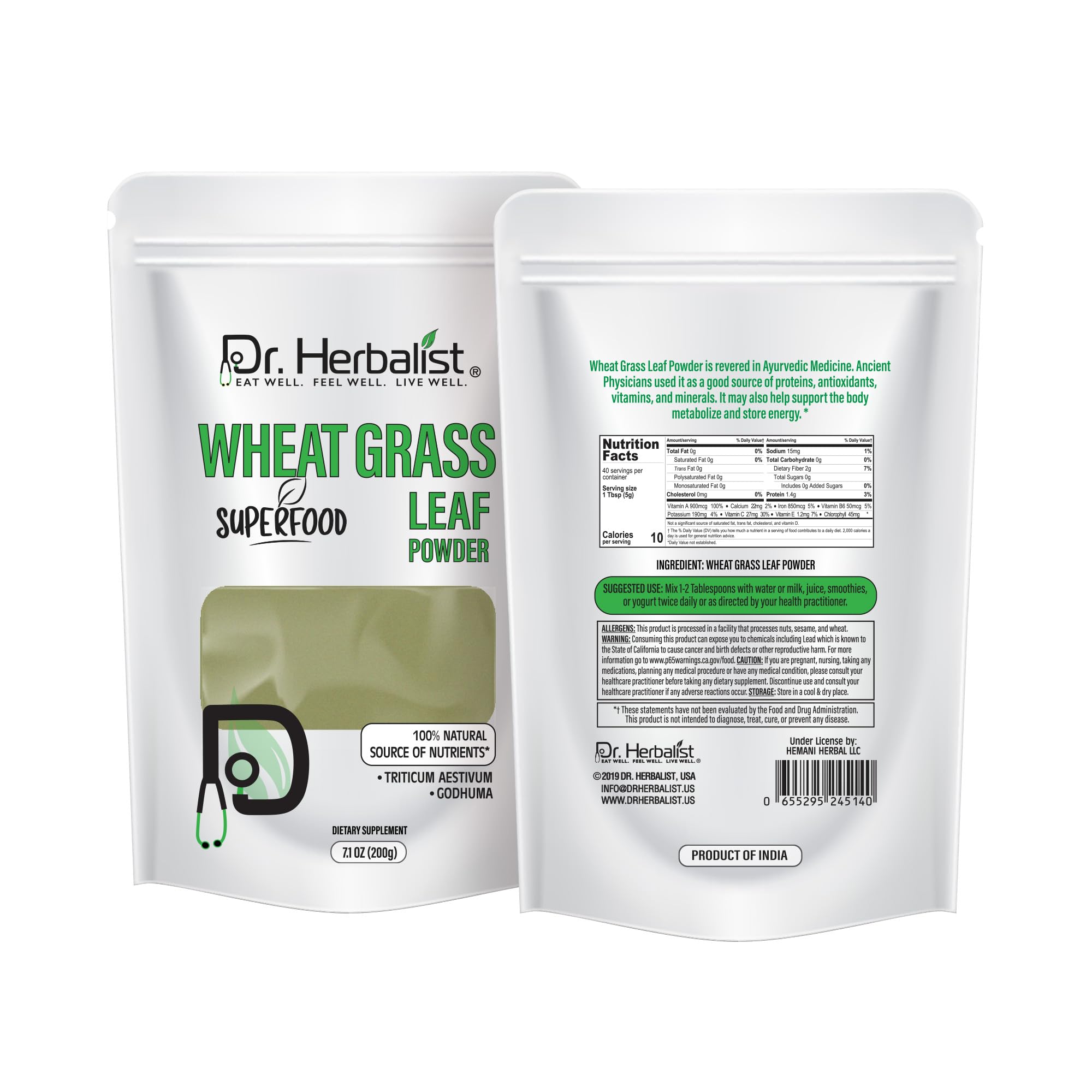 Dr. HERBALIST Wheatgrass Powder 200g - Pure Triticum Aestivum with Chlorophyll Iron & Vitamins A C E | Supports Daily Greens Detox & Nutrient Density* | Halal Dr. HERBALIST Au supplements
