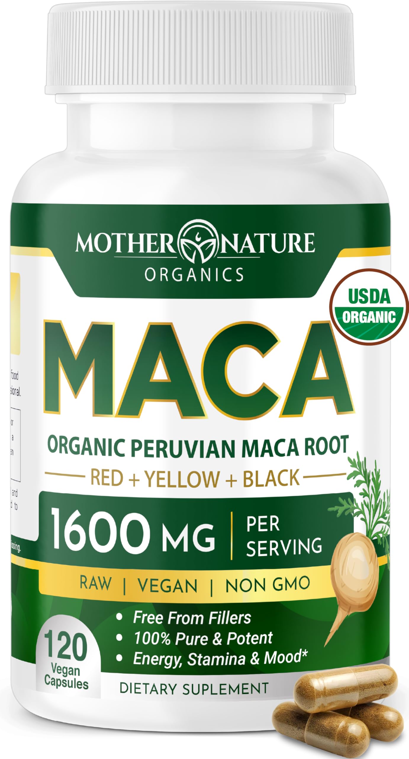 Mother Nature Organic Maca Root Capsules – 1600mg, 120 Vegan Capsules – Non GMO Peruvian Yellow, Red & Black Maca for Men & Women - Energy, Hormone, Brain & Weight Well-Being Mother Nature Organics Superfoods for Organic Living Au supplements