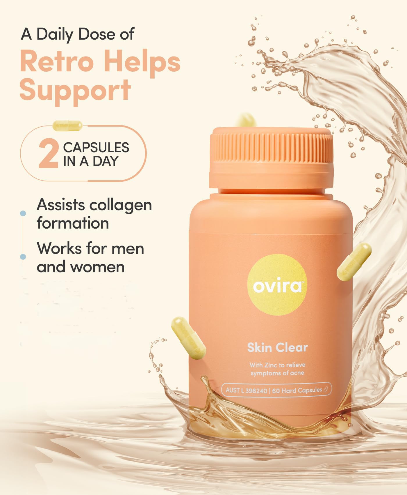 Ovira Skin Clear with ZINCBRIGHT - 60 Capsules for Clear and Glowing Skin | Rosacea & Hormonal Acne Treatment | Support Collagen Production | Acne Supplements for Women & Men - Pack of 2 Ovira Au supplements