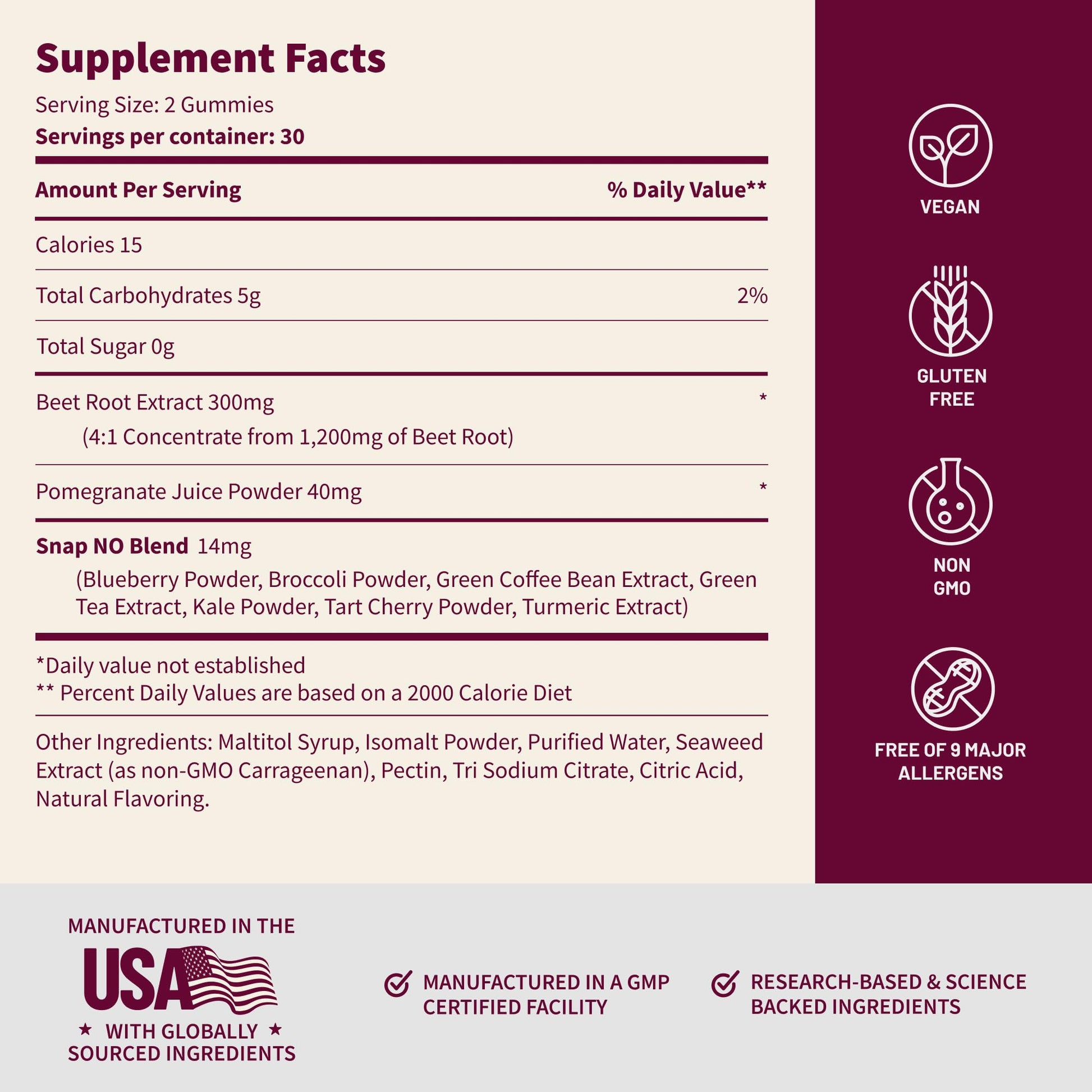 Snap Supplements Nitric Oxide Gummies - Beet Root Extract 300mg, Sugar Free Beetroot Supplement with Pomegranate Powder for Circulation & Natural Energy, 60 Vegan Gummies, Cherry Flavor Snap Supplements Au supplements