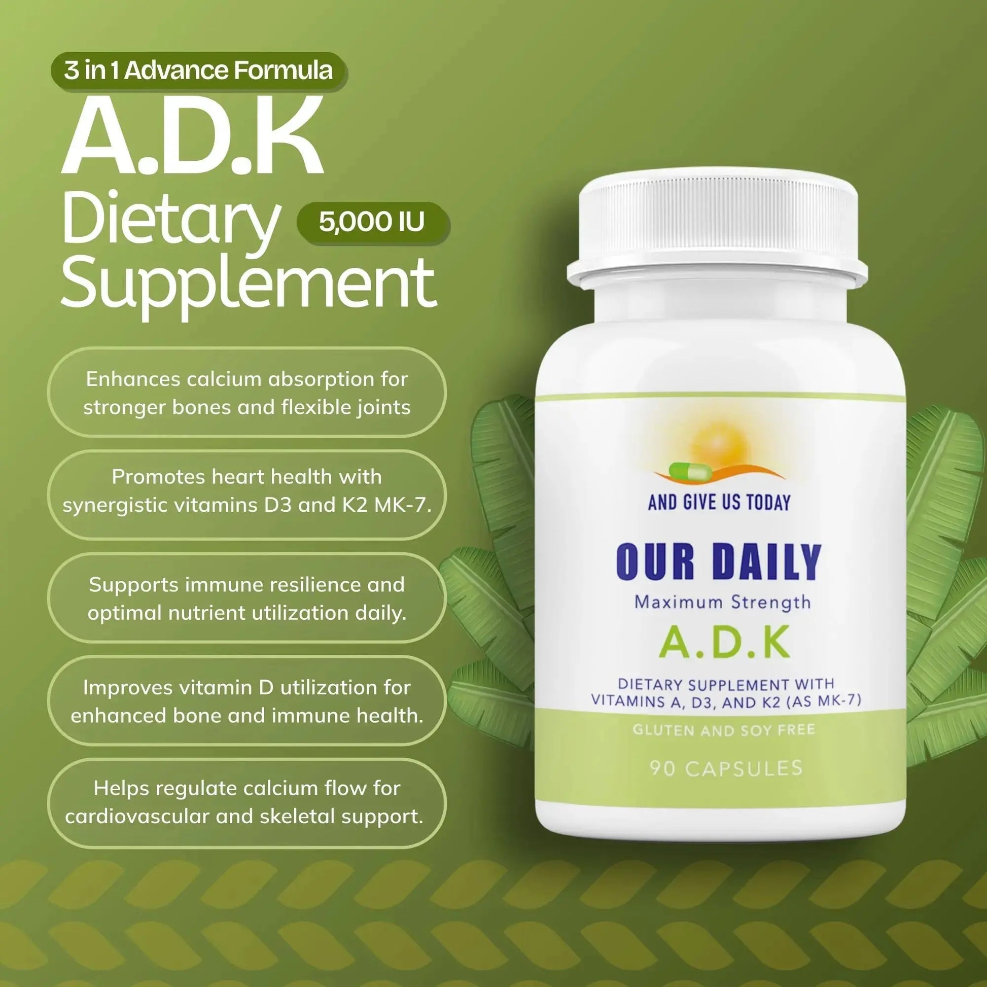 Daily Vites, ADK Vitamin Supplement 5000 IU, 90 Capsules - 3 Months Supply - High Potency Vitamin A, D3 & K2 (MK-7) - Physician Formulated ADK for Bone, Heart AND GIVE US TODAY OUR DAILY Au supplements