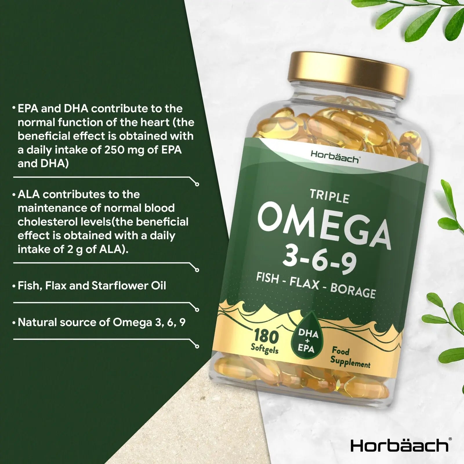 Triple Omega 3 6 9 Capsules | 180 Count | High Strength Supplement with DHA Horbäach Au supplements