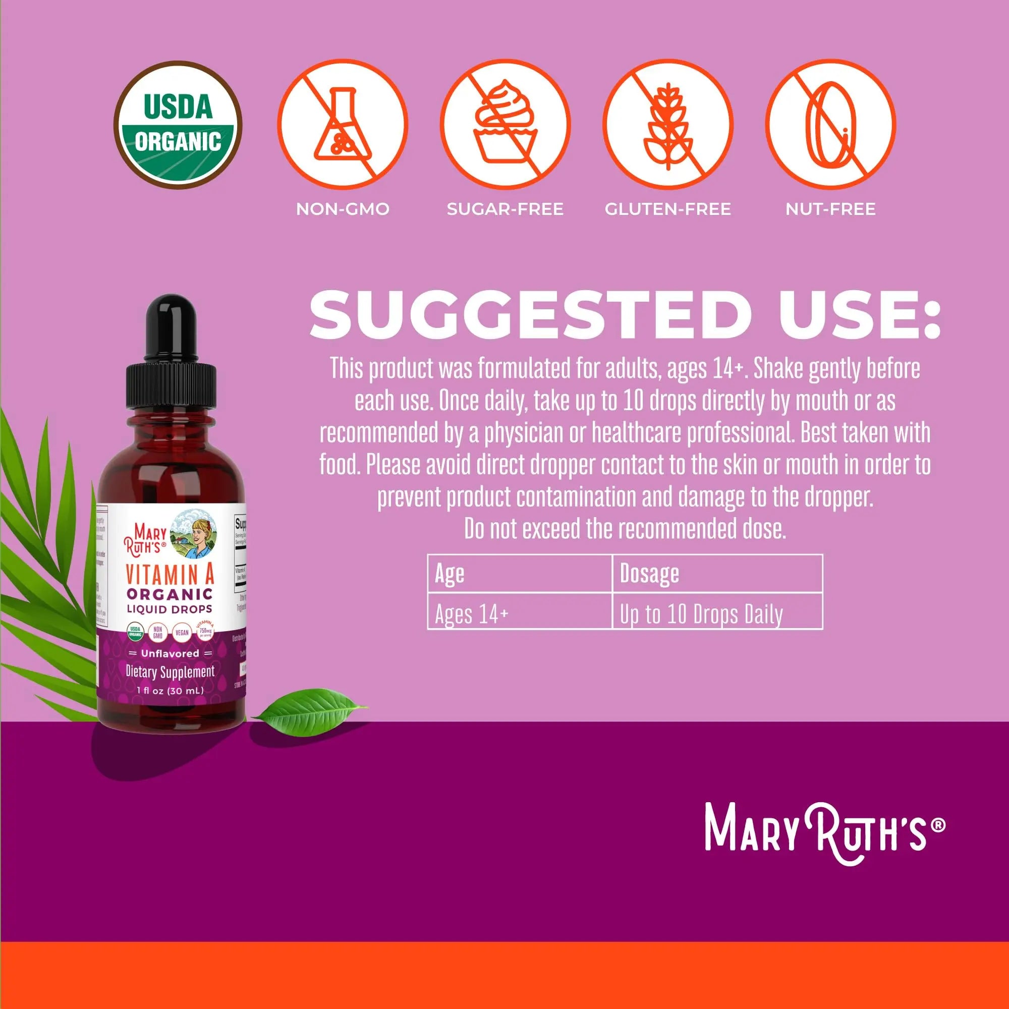 MaryRuth Organics USDA Organic Vitamin A Liquid Drops | 3 Month Supply | Bone Health for Ages 14+ | Essential Vitamin | 750mcg per Serving | Sugar Free | Vegan | Non-GMO | Gluten Free | 1oz MARYRUTH'S Au supplements