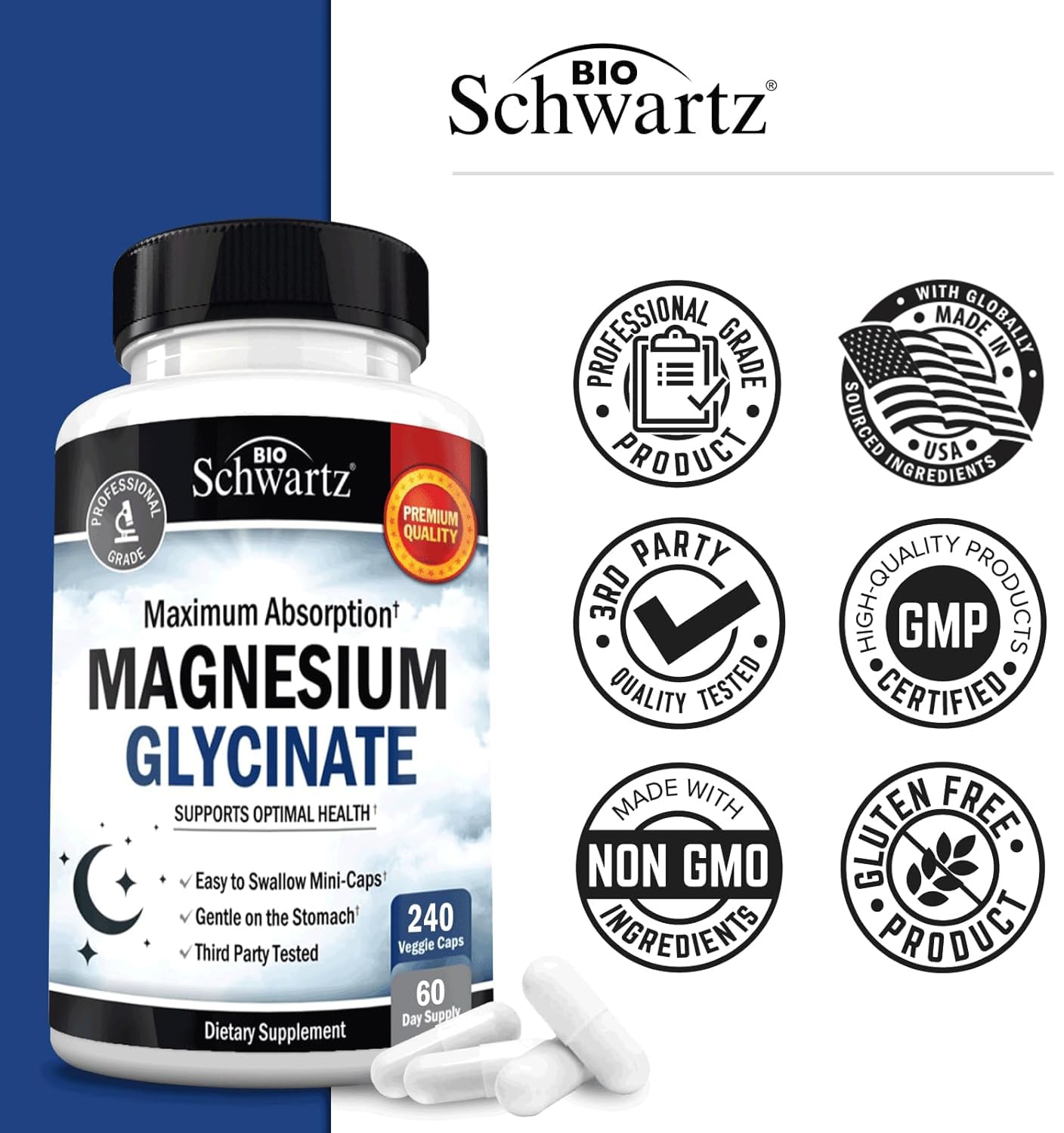 BioSchwartz Magnesium Glycinate 500mg Capsules (240 Mini Caps) Maximum Absorption Magnesium Supplement for Healthy Nerves Muscles Heart Mood and Sleep Support (Vegan, Gluten-Free, Non-GMO) BioSchwartz Au supplements