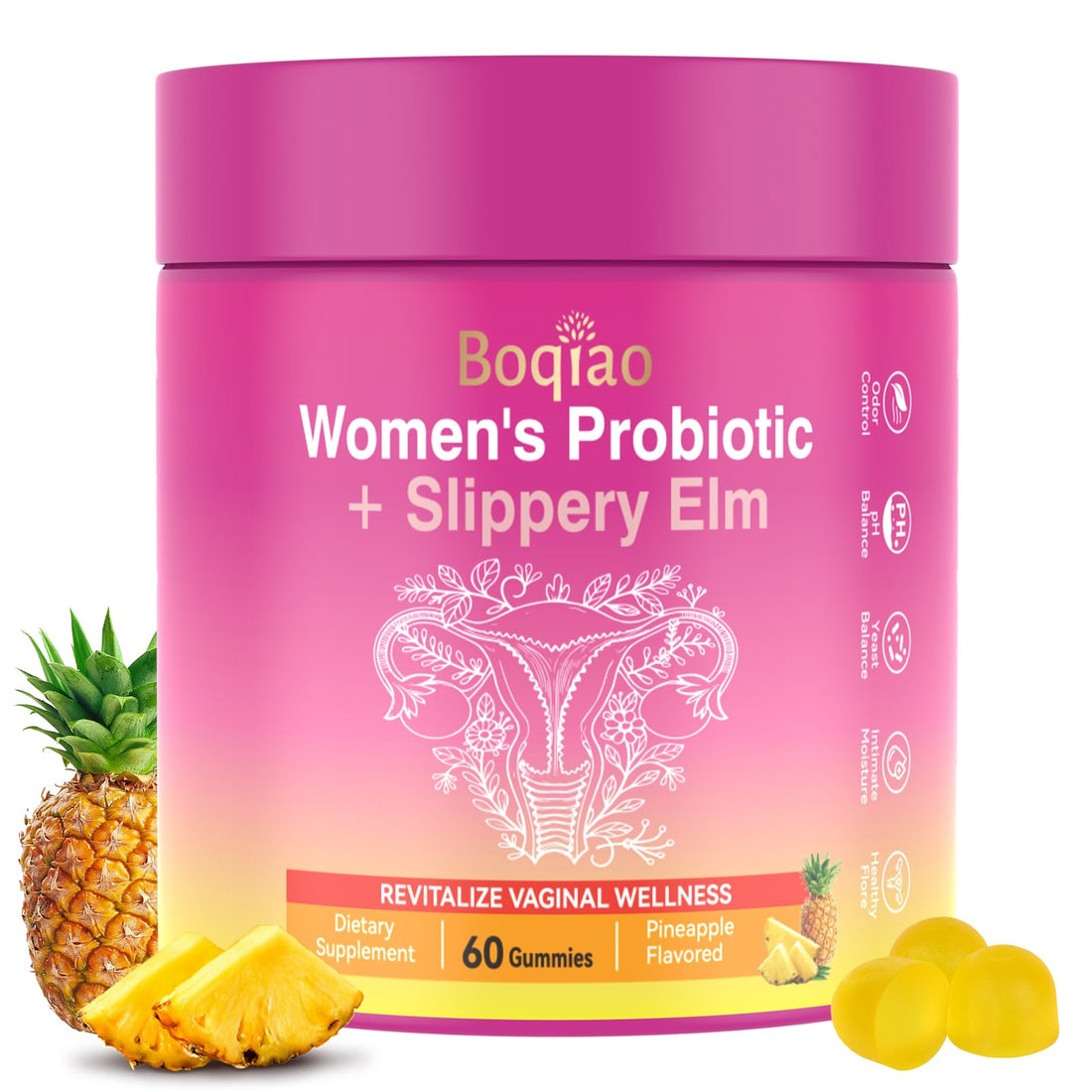 Feminine Probiotics Gummies with Slippery Elm - 60 Pineapple Gummies for Women ph Balance, Vaginal Probiotics Supports Flora, Gut Health & Immune System, Prebiotics & Lactobacillus Blend (Pineapple) Boqiao Au supplements