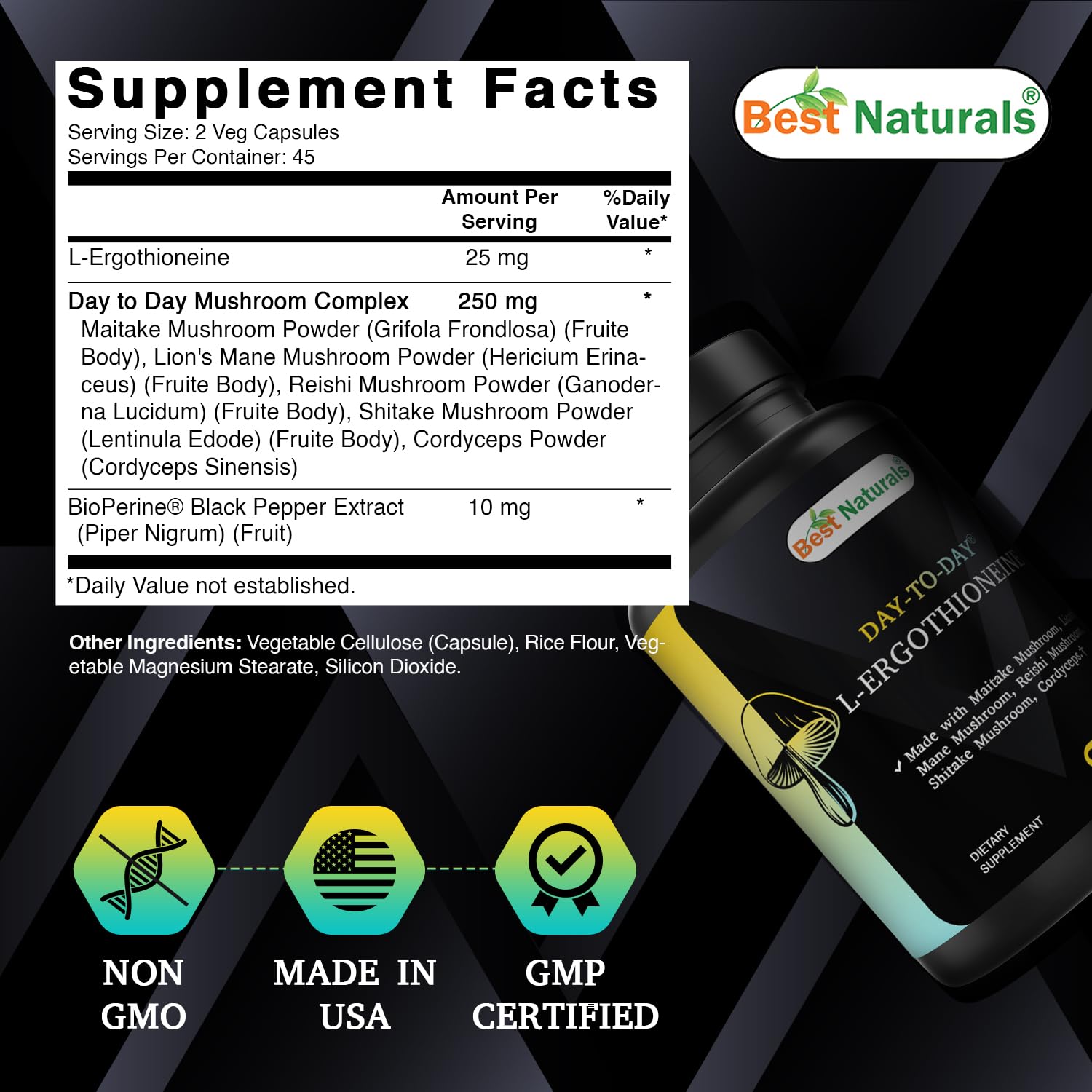 Best Naturals Day-to-Day L-Ergothioneine 25 mg with Maitake Mushrom, Lion's Mane Mushroom, Reishi Mushroom 90 Capsules Best Naturals Au supplements