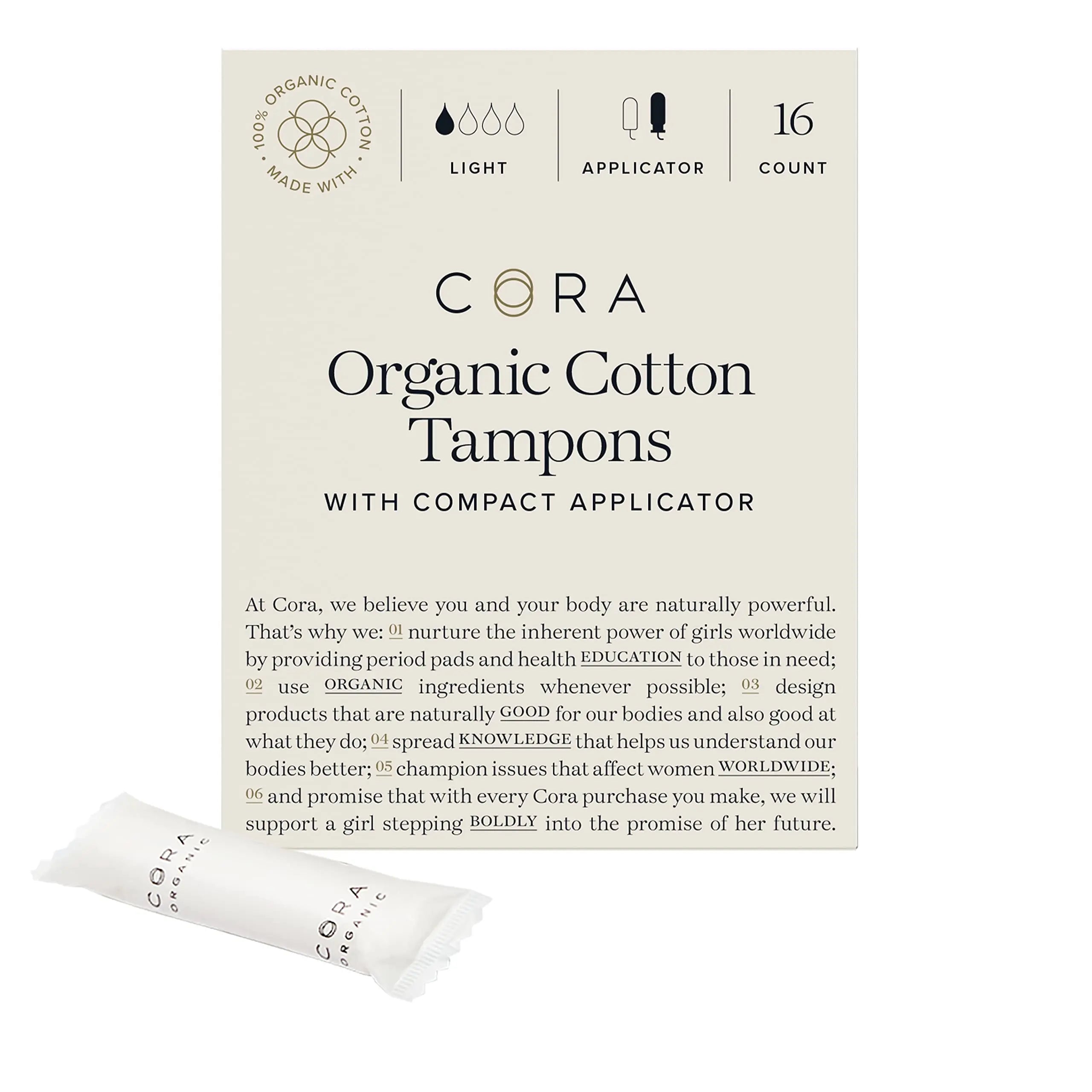 Cora Organic Applicator Tampons | Light Absorbency | 100% Cotton Core, Unscented, BPA-Free Compact Cora Au supplements