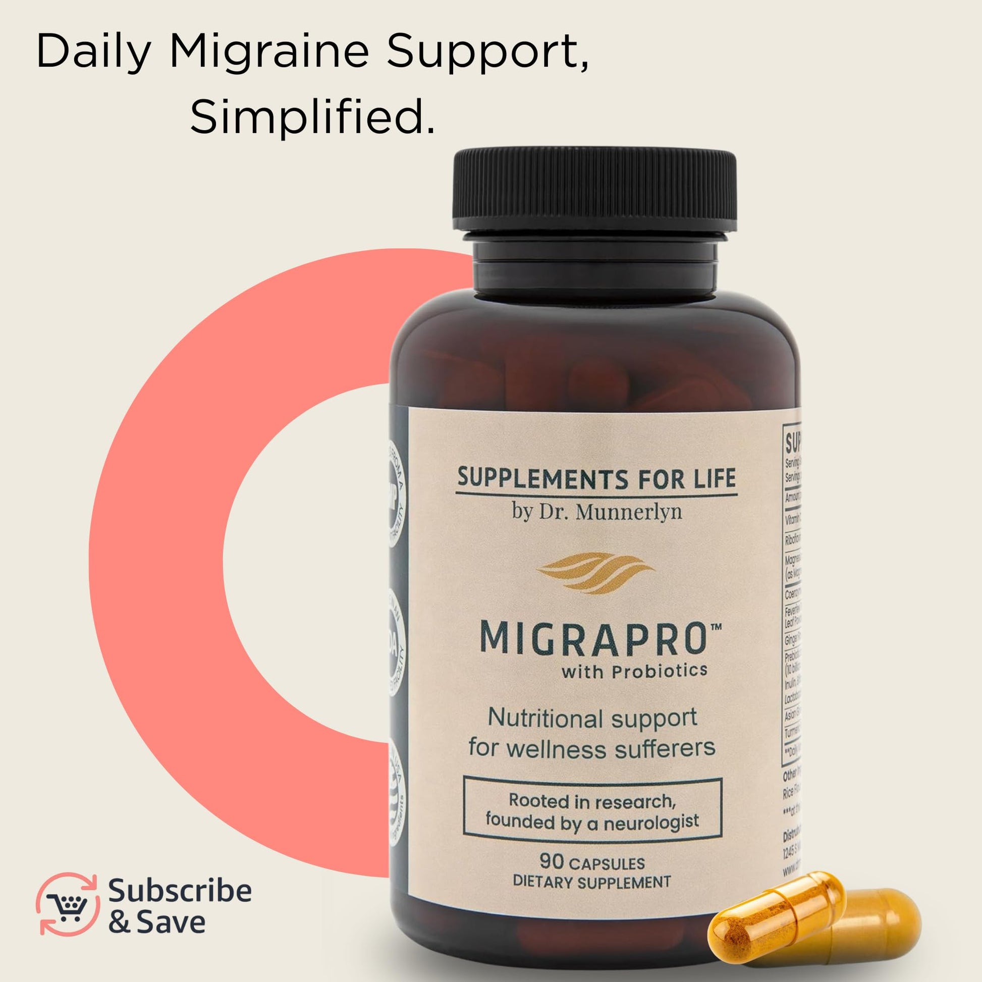 Dr. Munnerlyn MigraPro with Probiotics, Brain and Gut Health Support Supplement with Magnesium, Riboflavin, CoQ10, Ginger Root, Asian Ginseng, Vitamin C, Feverfew & Turmeric, Gluten Free, 90 Capsules Dr. Munnerlyn Au supplements