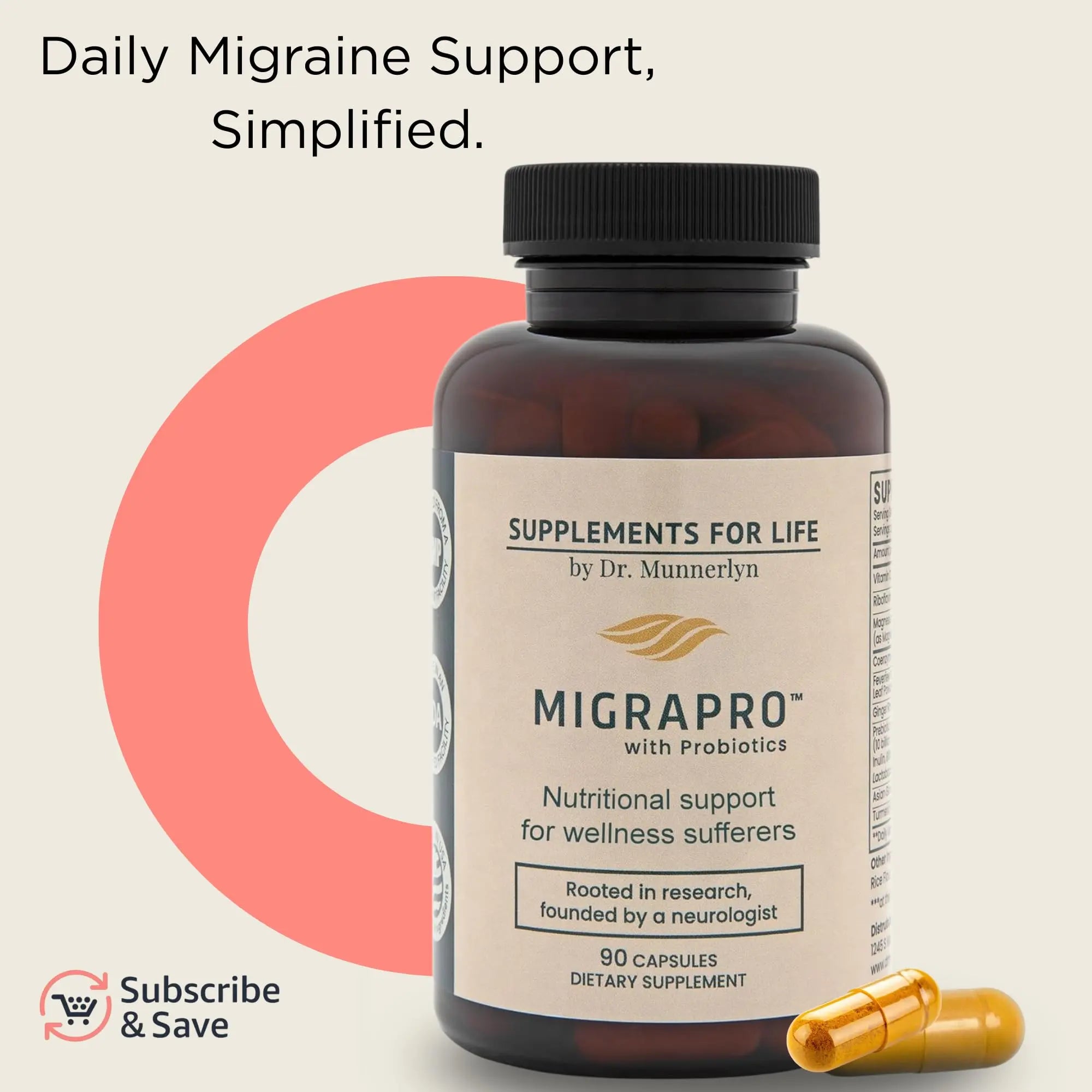 Dr. Munnerlyn MigraPro with Probiotics, Brain and Gut Health Support Supplement with Magnesium, Riboflavin, CoQ10, Ginger Root, Asian Ginseng, Vitamin C, Feverfew & Turmeric, Gluten Free, 90 Capsules Dr. Munnerlyn Au supplements