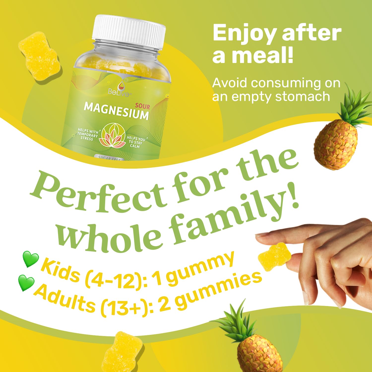 BeLive Magnesium Gummies 200mg - 60 Ct | Magnesium Glycinate Supplements for Relaxation, Stress Relief, and Sleep for Adults & Kids - Tasty and Tangy Pineapple Flavor BeLive Au supplements
