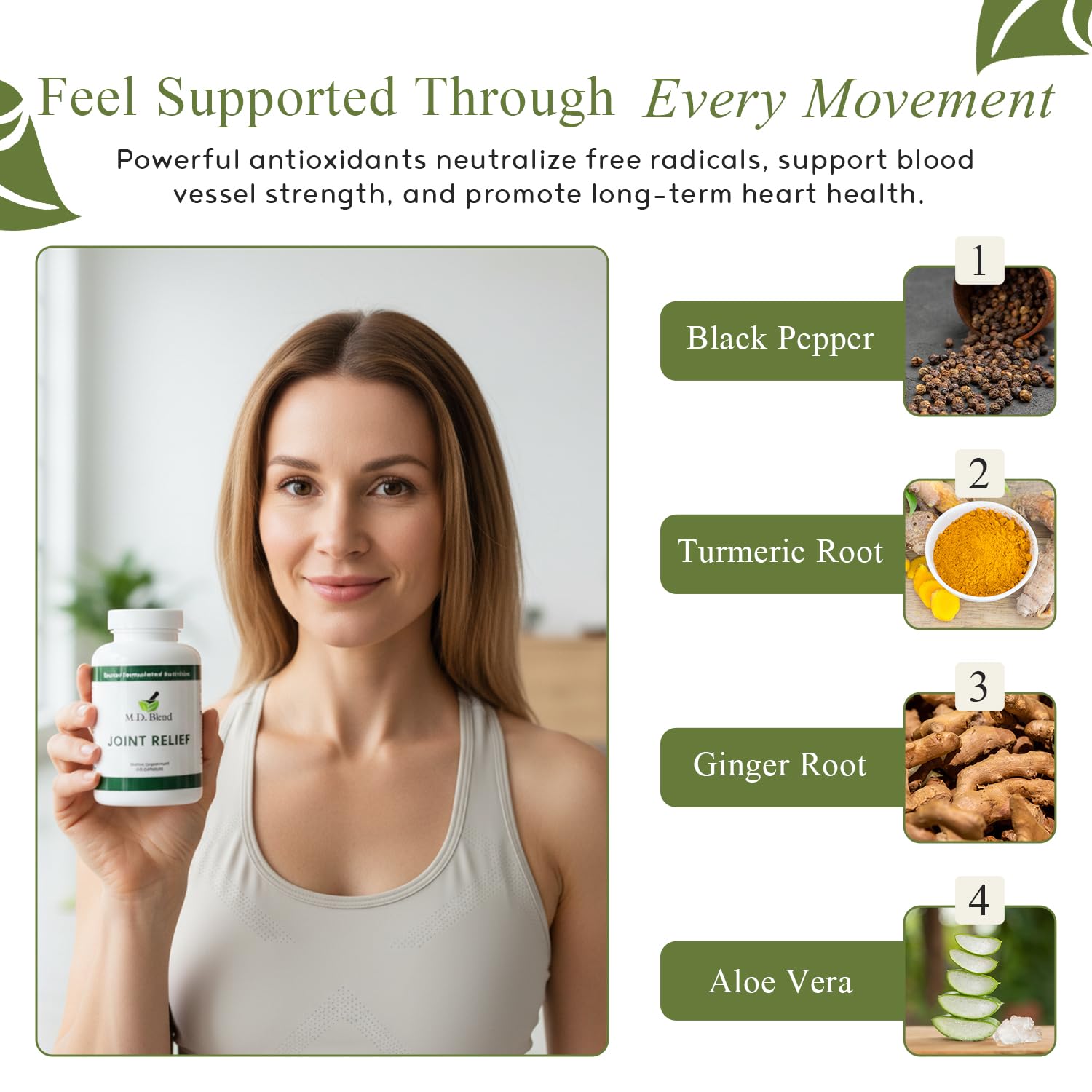 M.D. Blend Wellness Bundle with joint health supplement (120 capsules) & lightweight face hydrating hyaluronic acid serum (30 ml) featuring an airless pump, daily wellness skincare + joint support duo M.D. Blend Au supplements