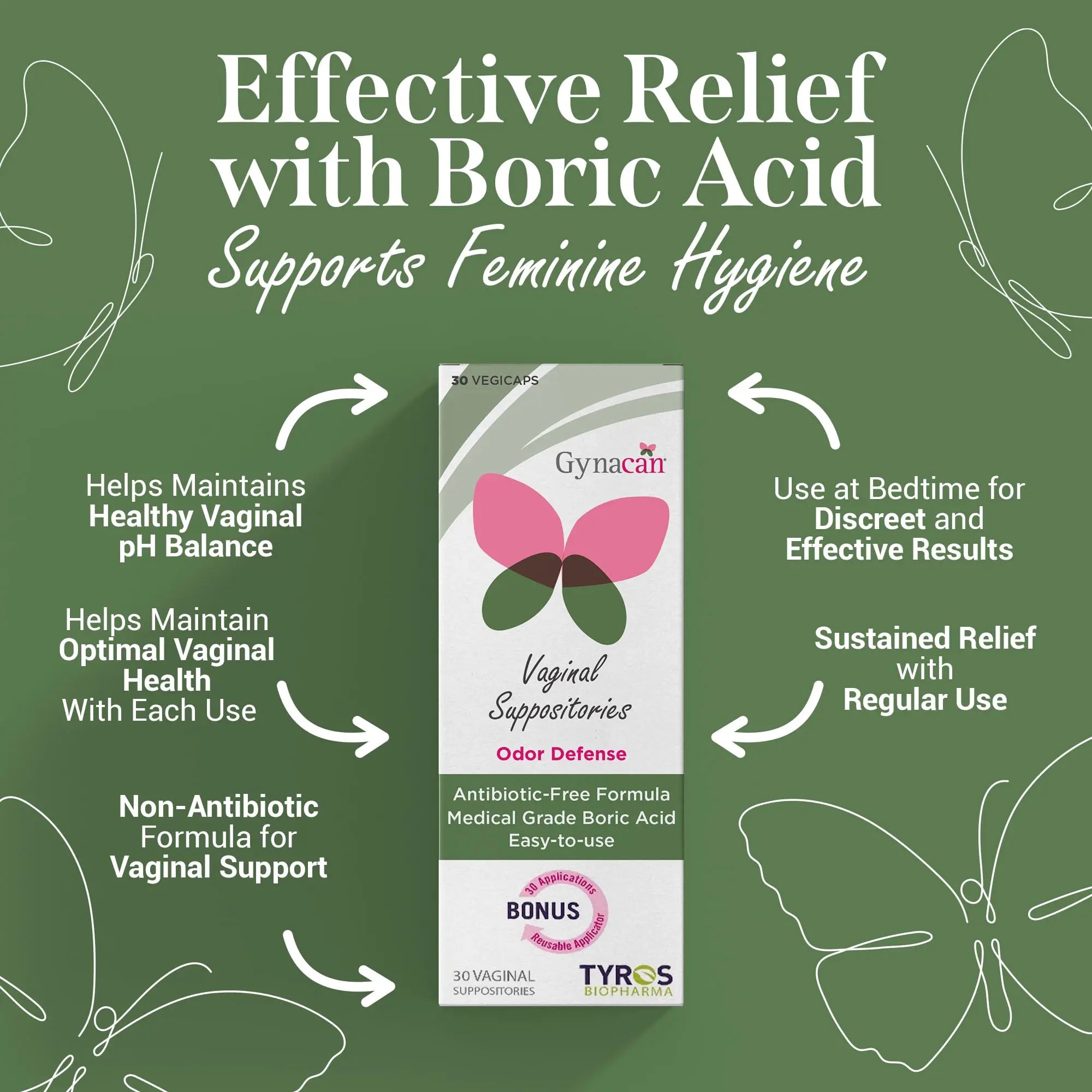 Gynacan Boric Acid Suppositories for Women - pH Balance Vaginal Treatment for Women Odor Prevention, Pure Formula, No-Mess Applicator, Gentle & Effective Gynacan Au supplements