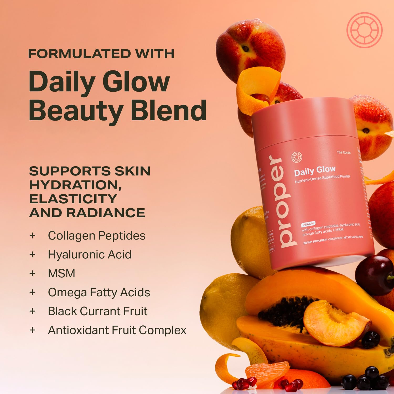 Proper, The Corals Daily Glow Beauty Blend - Nutrient Dense Superfood Powder with Collagen Peptides, Hyaluronic Acid Powder, Vitamin C, and MSM. Hair, Skin, Nail Vitamin Supplement for Women & Men Proper Au supplements