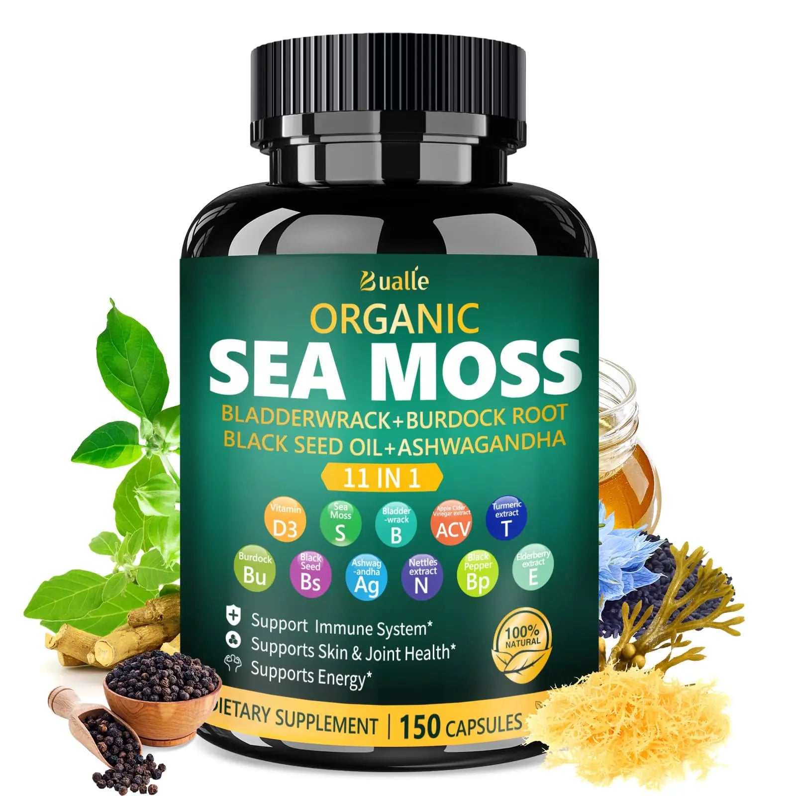 Bualle Irish Sea Moss Capsules – Organic Sea Moss, Black Seed Oil, Ashwagandha Supplements with Bladderwrack, Ginger & Burdock Root – Supports Daily Wellness, Skin & Energy – 150 Count (1 Pack) Bualle Au supplements