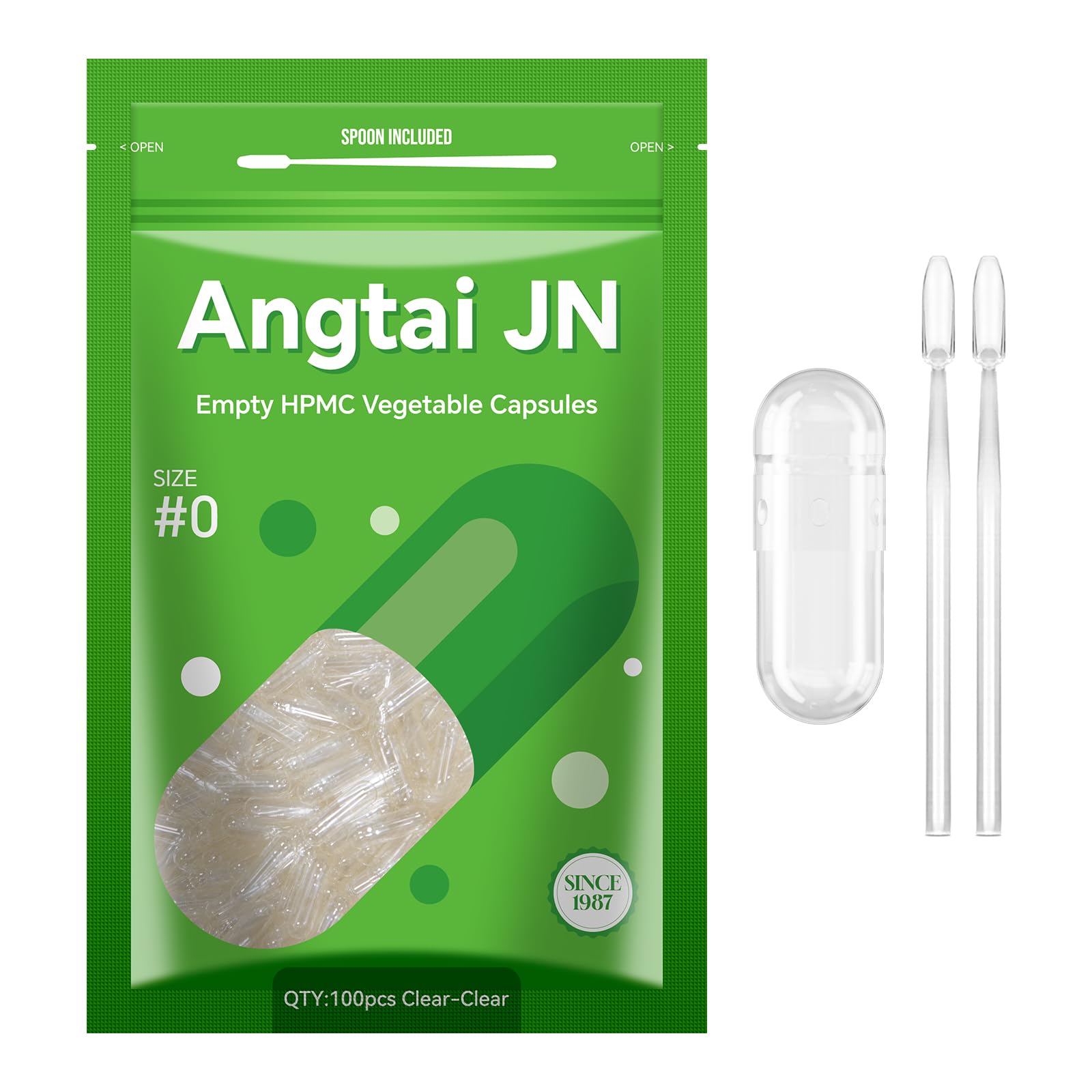 Angtai JN Size 0 Capsules Empty Vegan Plant Based Clear (100 Count) Gluten Free, Non-GMO, Halal Certified Pill Caps Filling Kit with 2 Spoons for Vegetarian DIY Your Own Supplements Angtai JN Au supplements