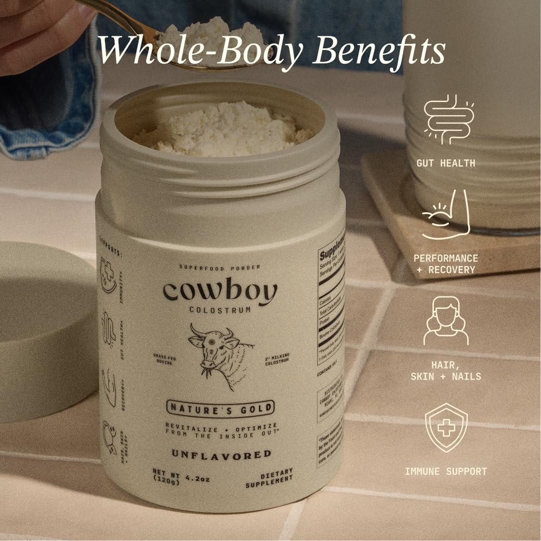 Cowboy - The Exclusive 1st Milking, Whole, Grass Fed Colostrum Supplement for Full Body Health - Bovine Colostrum Powder Packed w/Bioactive Nutrients - Sugar Free (Unflavored, 40 Servings) COWBOY COLOSTRUM Au supplements