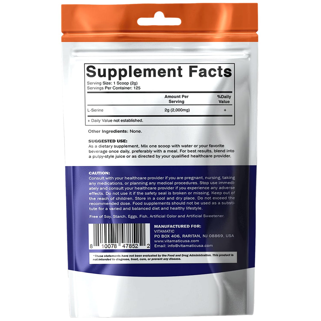 Vitamatic L-Serine Pure Powder 250 Gram | 2000 mg per Serving | 125 Servings | Unflavored | No Additives | Free of Soy, Eggs, Fish & Artificial Ingredients Vitamatic Au supplements