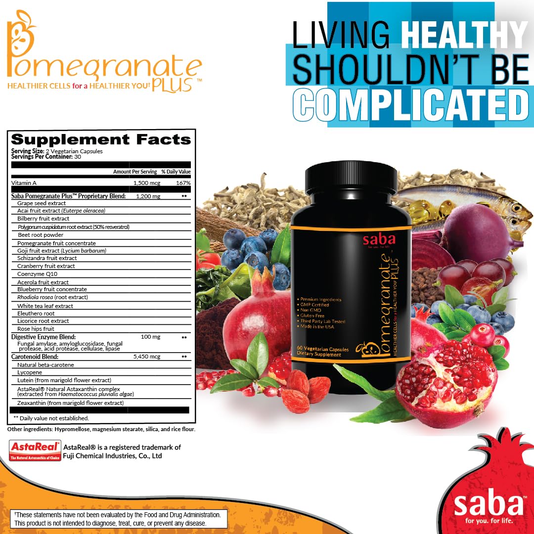 Saba Pomegranate Plus – Antioxidant Supplement with Astaxanthin & Adaptogens | Immune, Skin, Heart & Brain Support | Daily Stress & Cellular Wellness | 60 Capsules Saba Au supplements