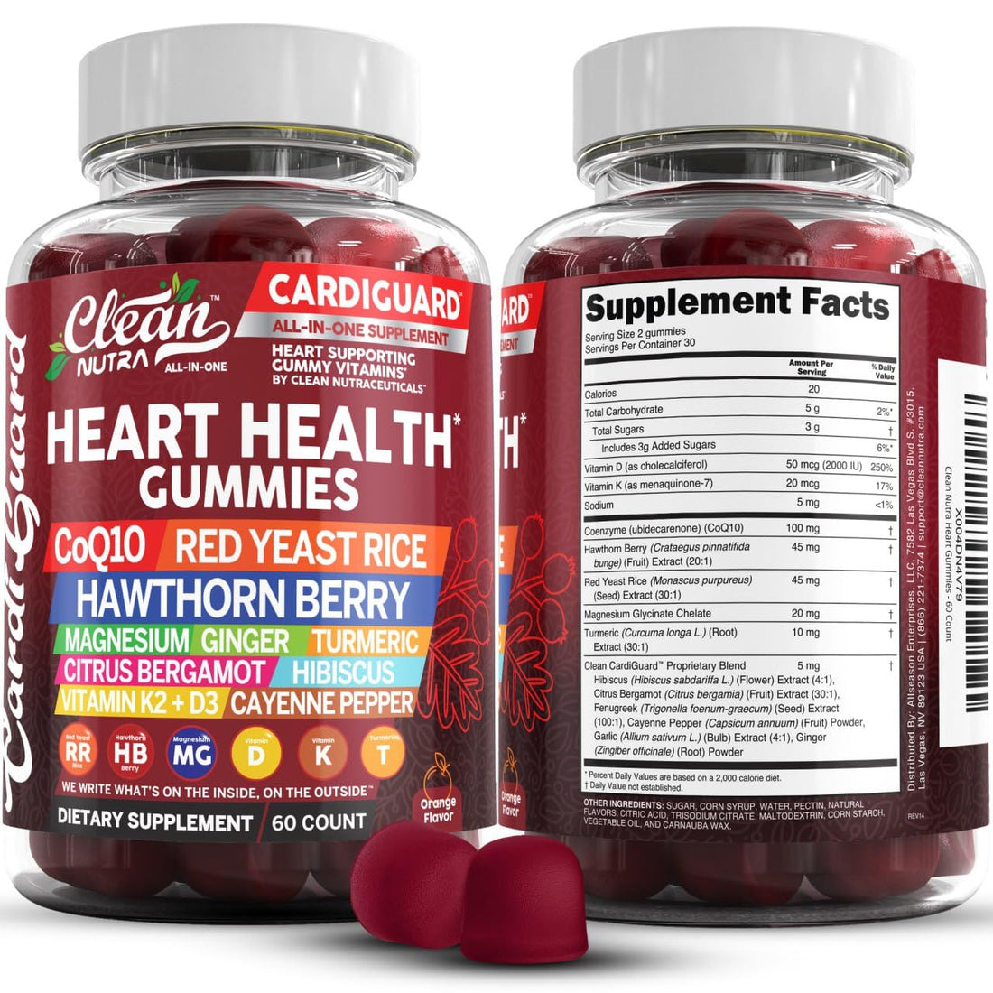 Clean Nutraceuticals Coq10 Gummies | Red Yeast Rice Hawthorn Berry Ginger Turmeric Citrus Bergamot Hibiscus Vitamin K2+D3 Magnesium Glycinate Cayenne Pepper Fenugreek Orange Flavor CardiGuard Clean Nutraceuticals Au supplements