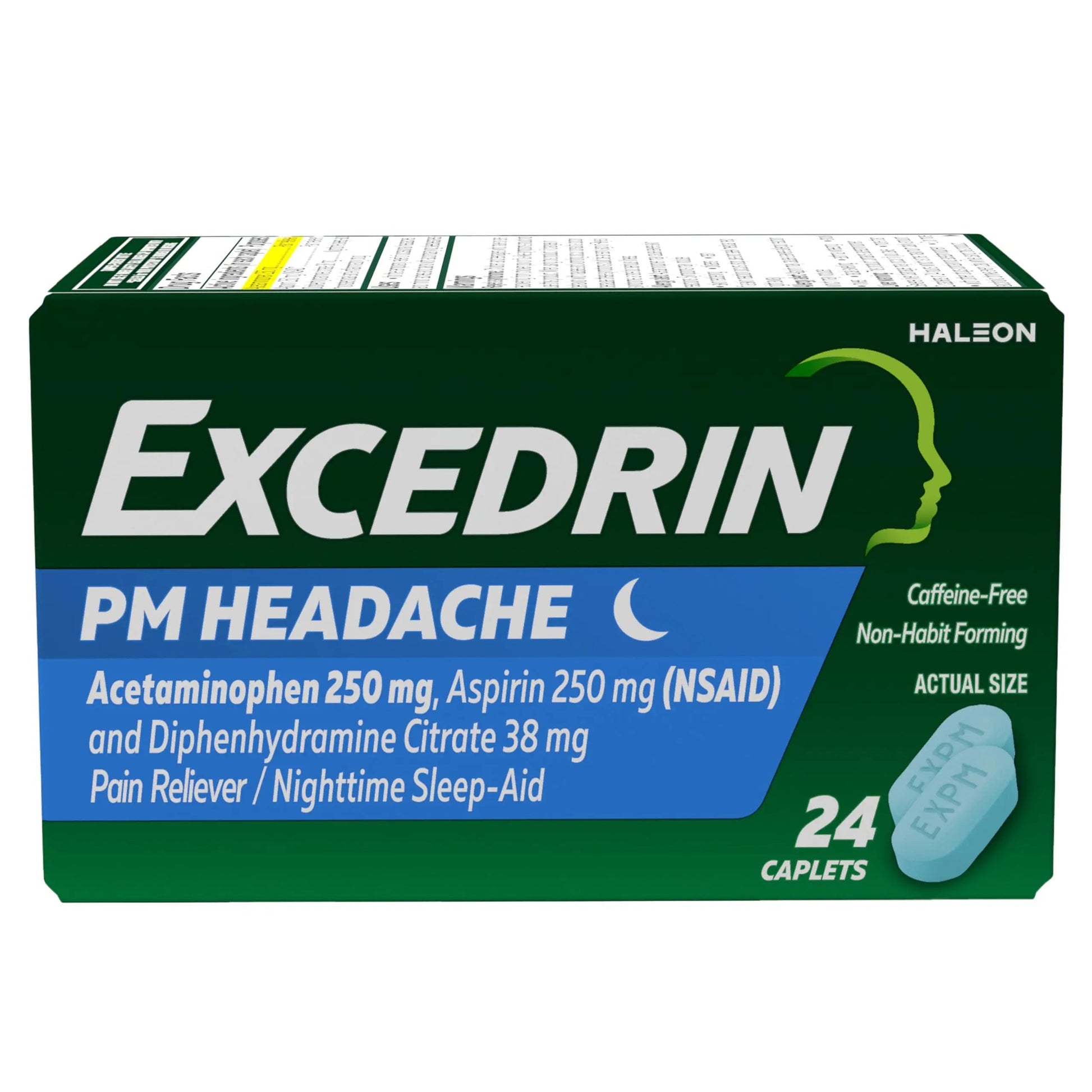 Excedrin PM for Headache Relief, Acetaminophen 250mg, Aspirin 250mg, Diphenhydramine Citrate 38mg, Pain Reliever, Nighttime Sleep-Aid, 24 Count Excedrin Au supplements