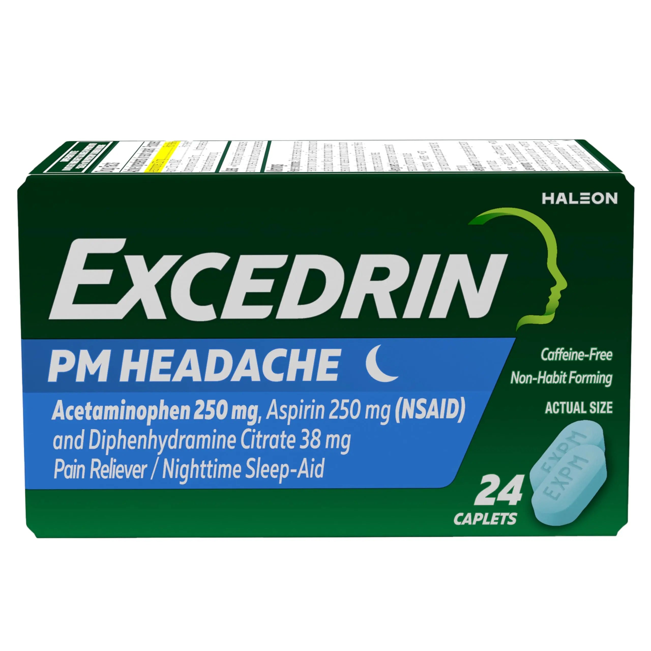 Excedrin PM for Headache Relief, Acetaminophen 250mg, Aspirin 250mg, Diphenhydramine Citrate 38mg, Pain Reliever, Nighttime Sleep-Aid, 24 Count Excedrin Au supplements