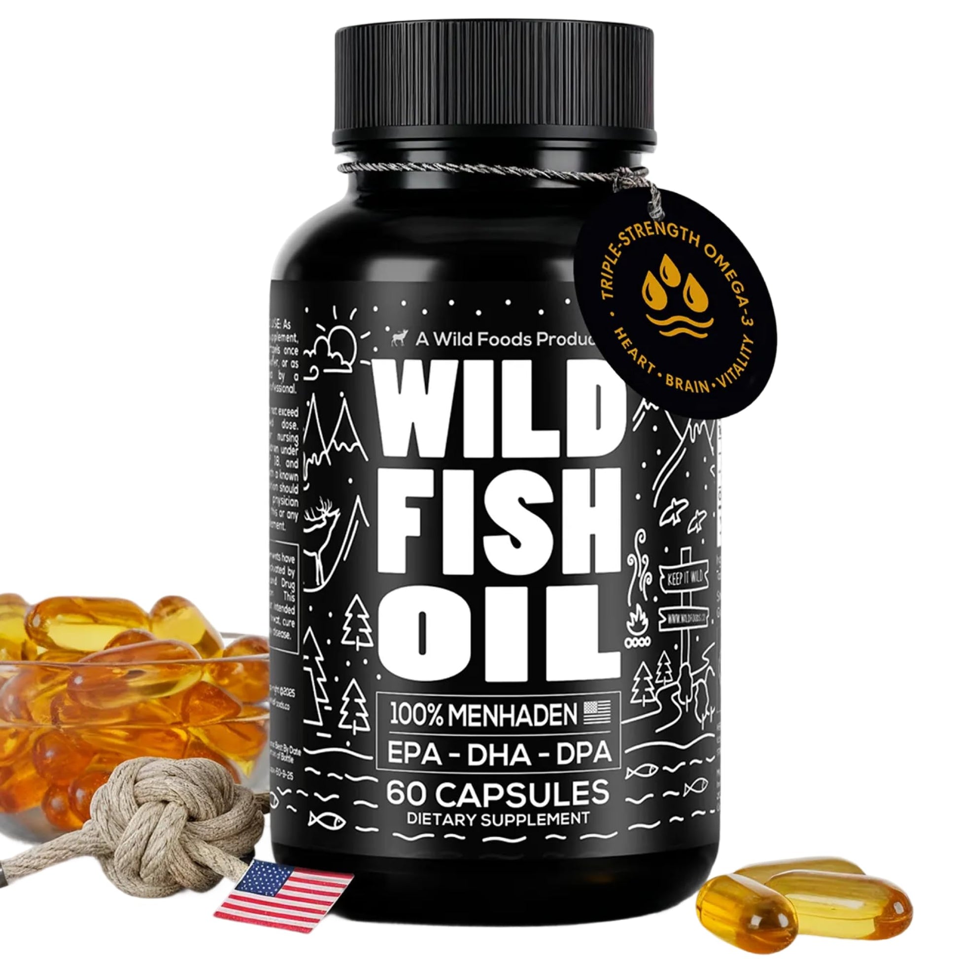Wild Foods Fish Oil Omega 3 Supplements | 1600 mg | Highly-Potent: DPA, DHA, EPA | Burpless, Odorless, Non-GMO, Gluten Free | For Brain & Heart Health, Joint Support | 60 Capsules (1 pk) | 30 Servings Wild Foods Au supplements