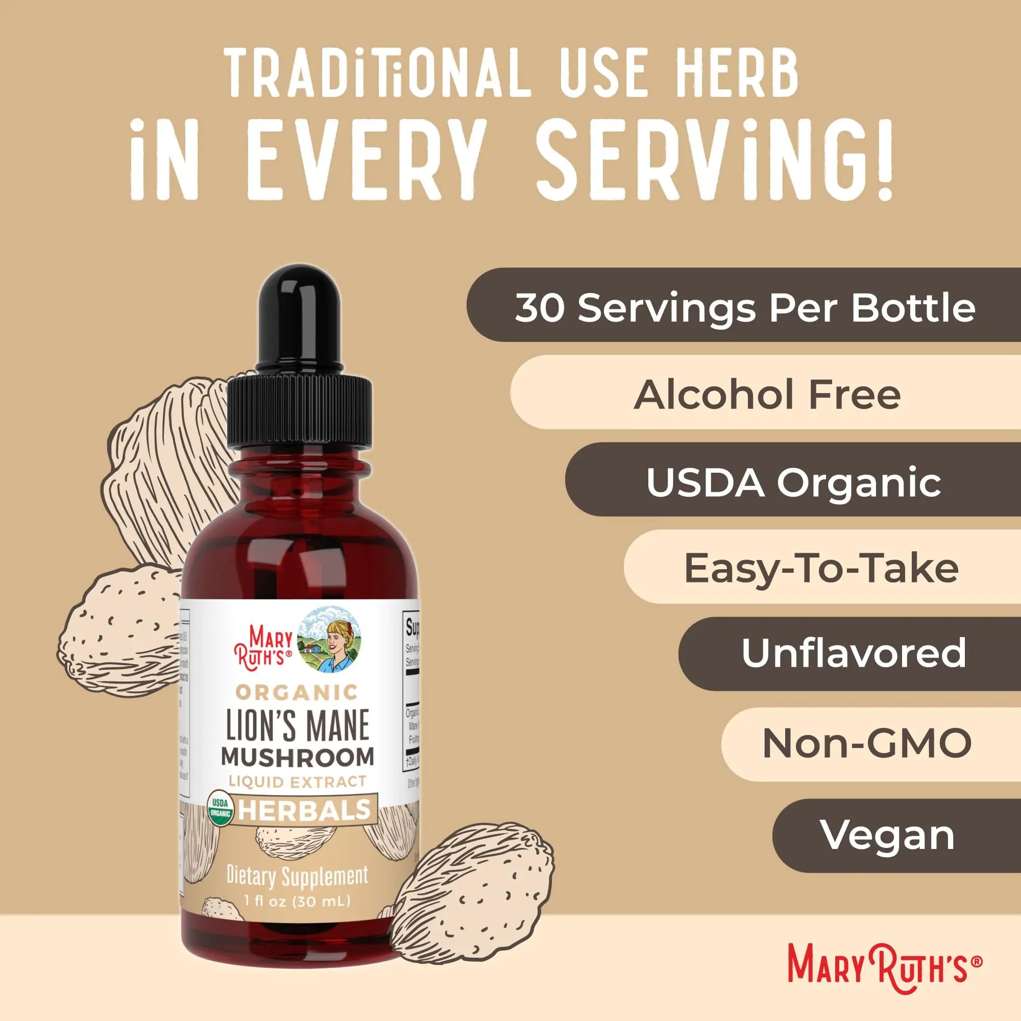 MaryRuth Organics Lions Mane Mushroom Supplement, Up to 1 Month Supply, Nootropic USDA Organic Lions Mane Extract Nervine Herbal Liquid Drops, Brain Health Non-GMO MARYRUTH'S Au supplements