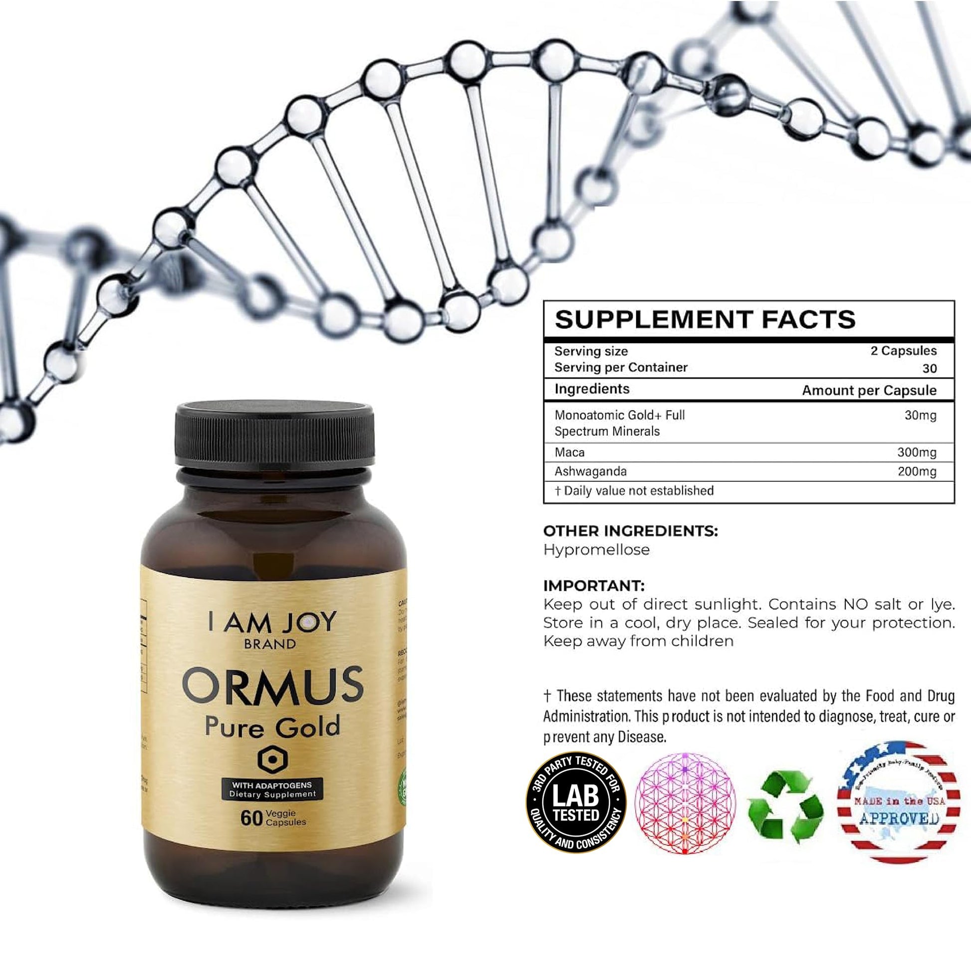 I Am Joy co. Ormus Gold Capsules Monoatomic Elements with Adaptogens Maca and Ashwaganda | May Help Balance Mood, Decalcify Pineal Gland, Repair DNA, Enhance Relaxation - 60 Vegan Capsules I Am Joy co. Au supplements