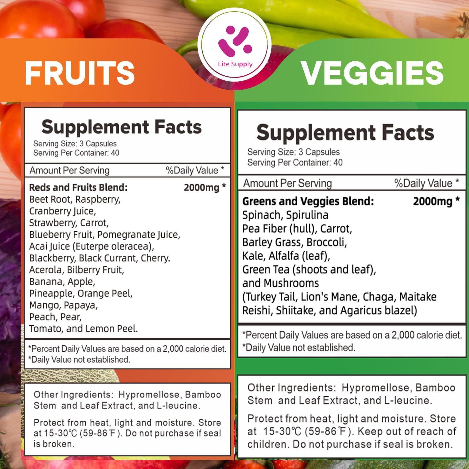 Lite Supply Fruits and Veggies Supplement 240 Caps - 120 Fruit and 120 Veggie Capsules - Whole Food & Natural Superfood Filled with Vitamins & Minerals for Women, Men Supports Energy Levels Lite Supply Au supplements