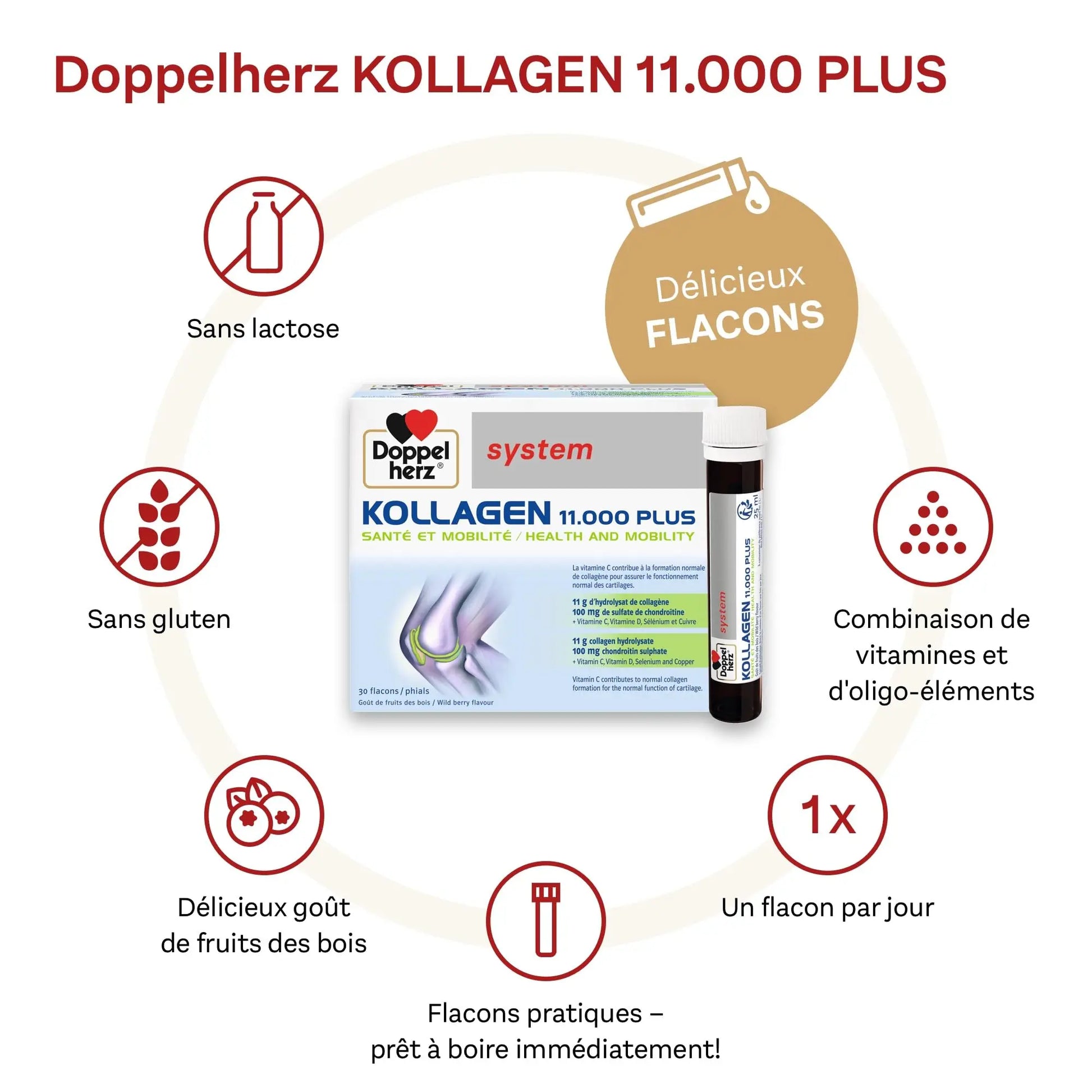 Doppelherz - Kollagen 11000 Plus - Collagen hydrolysate, chondroitin Sulphate, Vitamins C and D and Trace Elements - for Bones, cartilages and tendons - Wild Berry Flavour Liquid- 30 Bottles of 25ml Doppelherz Au supplements