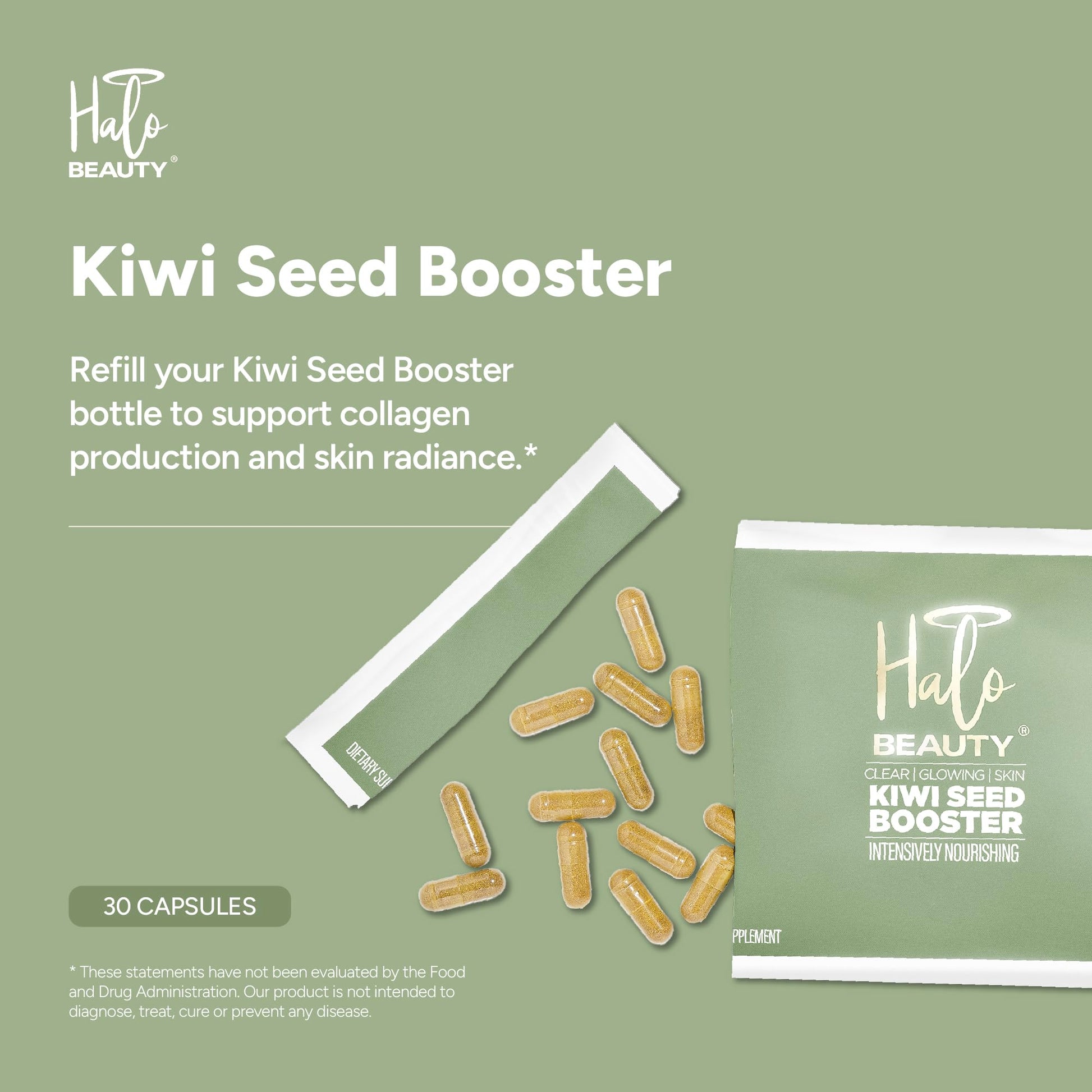 Halo Beauty Kiwi Seed Booster Skin Supplement Refill Pack | Anti-Aging Hydration & Glowing Skin Support with Kiwi Seed, Vitamin C, D3 & Zinc | Vegan Collagen Support Capsules | 1-Month Supply Halo Beauty Au supplements