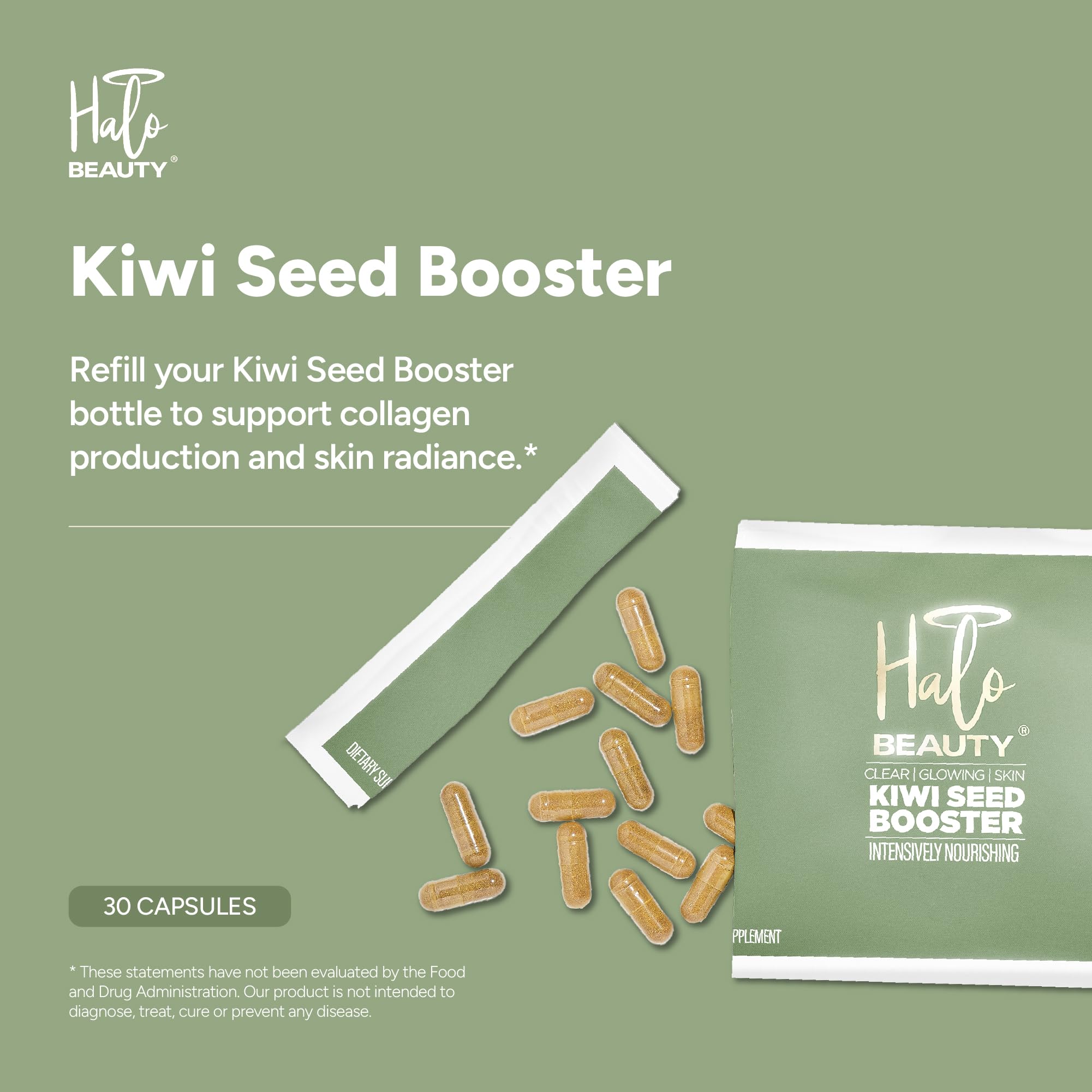 Halo Beauty Kiwi Seed Booster Skin Supplement Refill Pack | Anti-Aging Hydration & Glowing Skin Support with Kiwi Seed, Vitamin C, D3 & Zinc | Vegan Collagen Support Capsules | 1-Month Supply Halo Beauty Au supplements