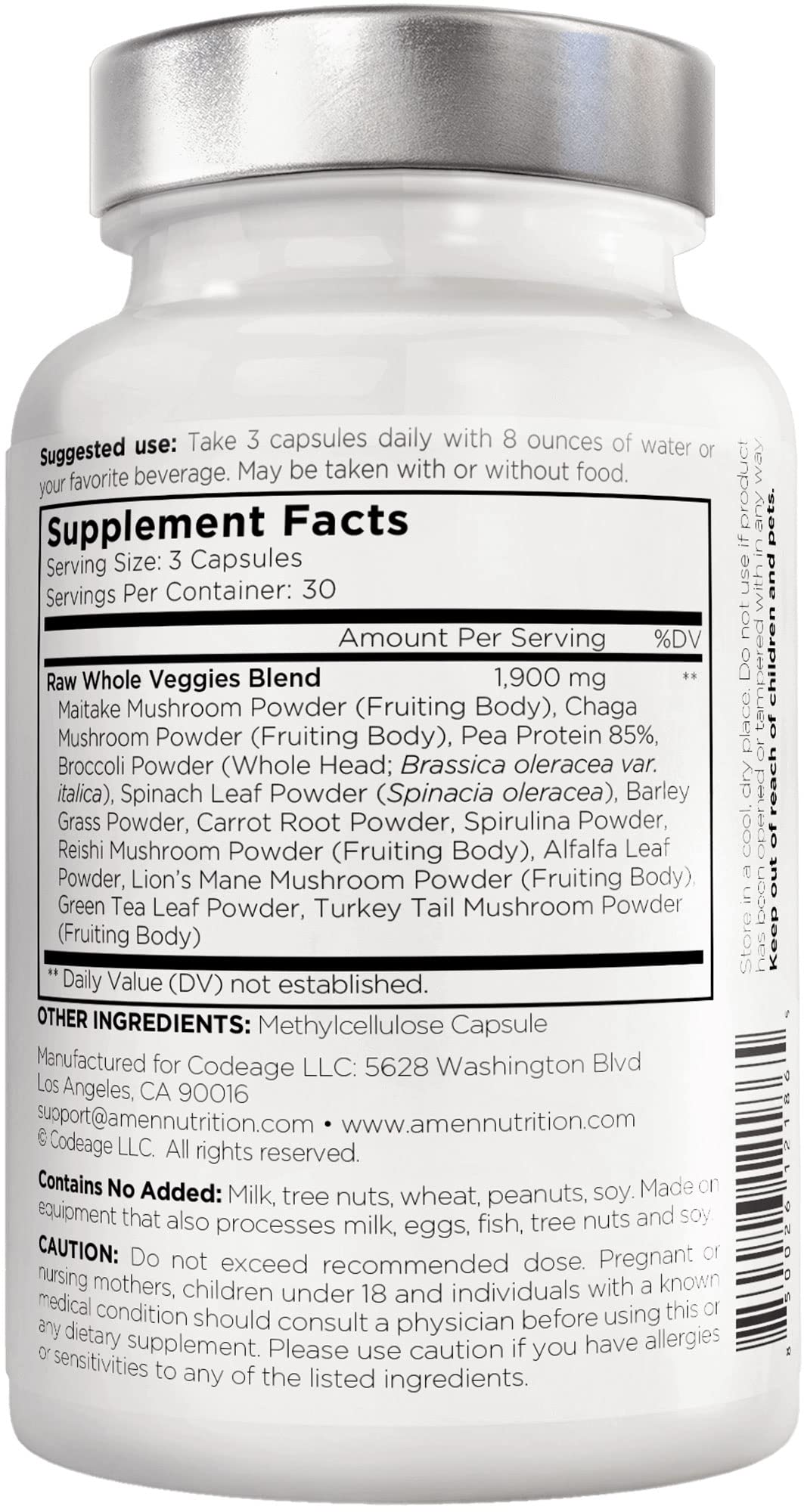 Amen Veggies, Daily Veggies Vitamins Supplement, Vegetables Vegan Blend & Whole-Food Raw Greens Multivitamin Capsules, Mushroom Complex, Superfood, Minerals, Green Vegetable Nutrients, Non-GMO, 90 ct Amen Au supplements