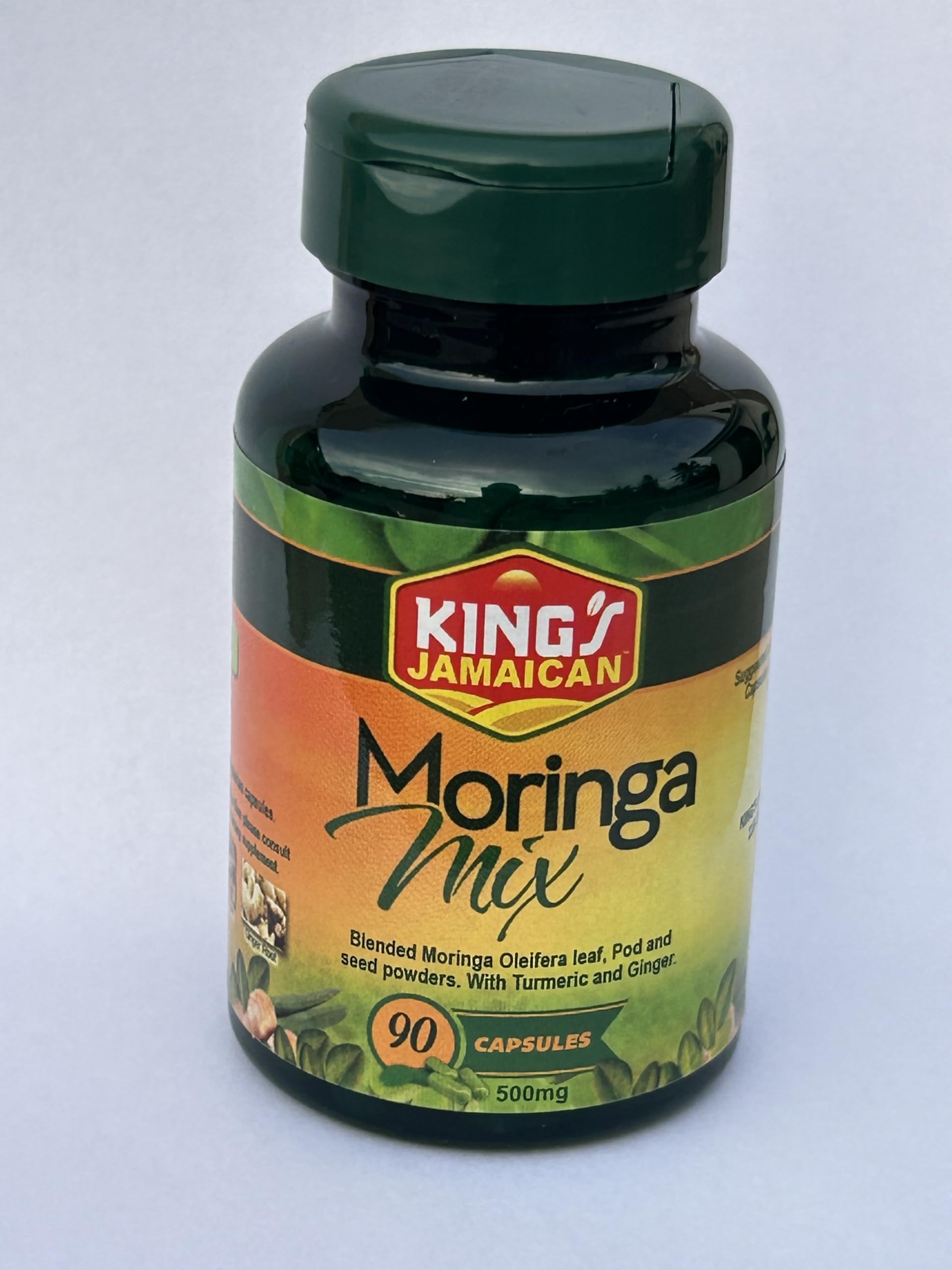 Jamaican Moringa Capsules – 100% Natural Ingredients – Made from Dried Moringa Leaves, Pods & Seeds – 90 Capsules, 500mg – with Turmeric & Ginger – Herbal Supplement, Nutrient-Rich – Easy to Swallow King's Jamaican Au supplements