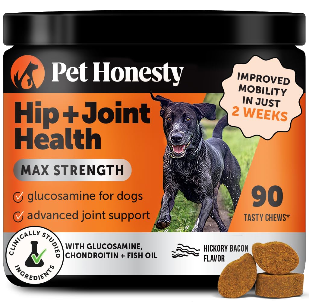 Pet Honesty Hip & Joint Health Max Strength – Dog Joint Support Chews with Glucosamine Chondroitin & Omega-3s – Joint Supplement for Dogs to Support Mobility, Flexibility & Comfort – Bacon (90 ct) Pet Honesty Au supplements