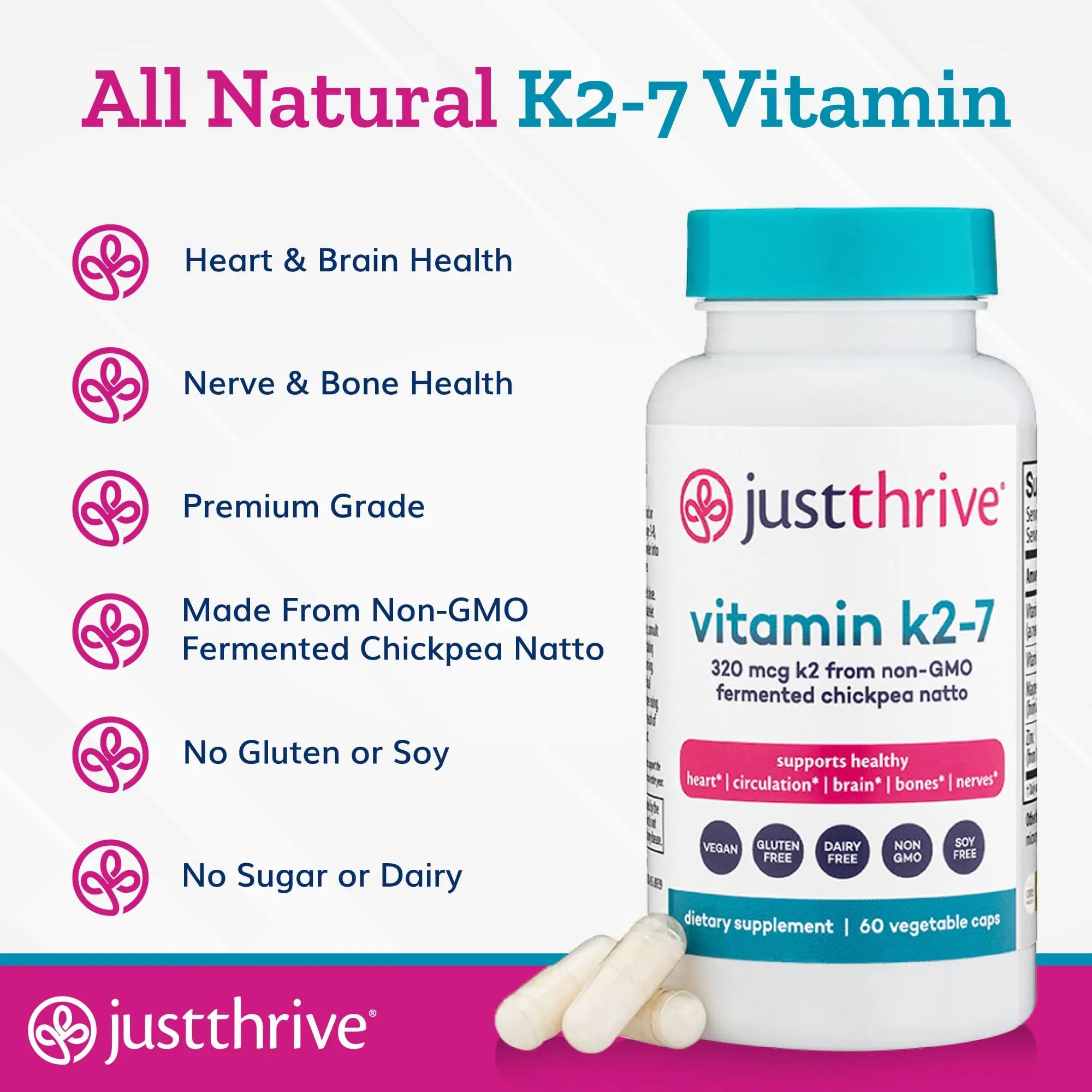 Just Thrive Vitamin K2-7 - Bone, Brain, and Heart Health K2 Vitamin Supplement, 60 Capsules Just Thrive Au supplements