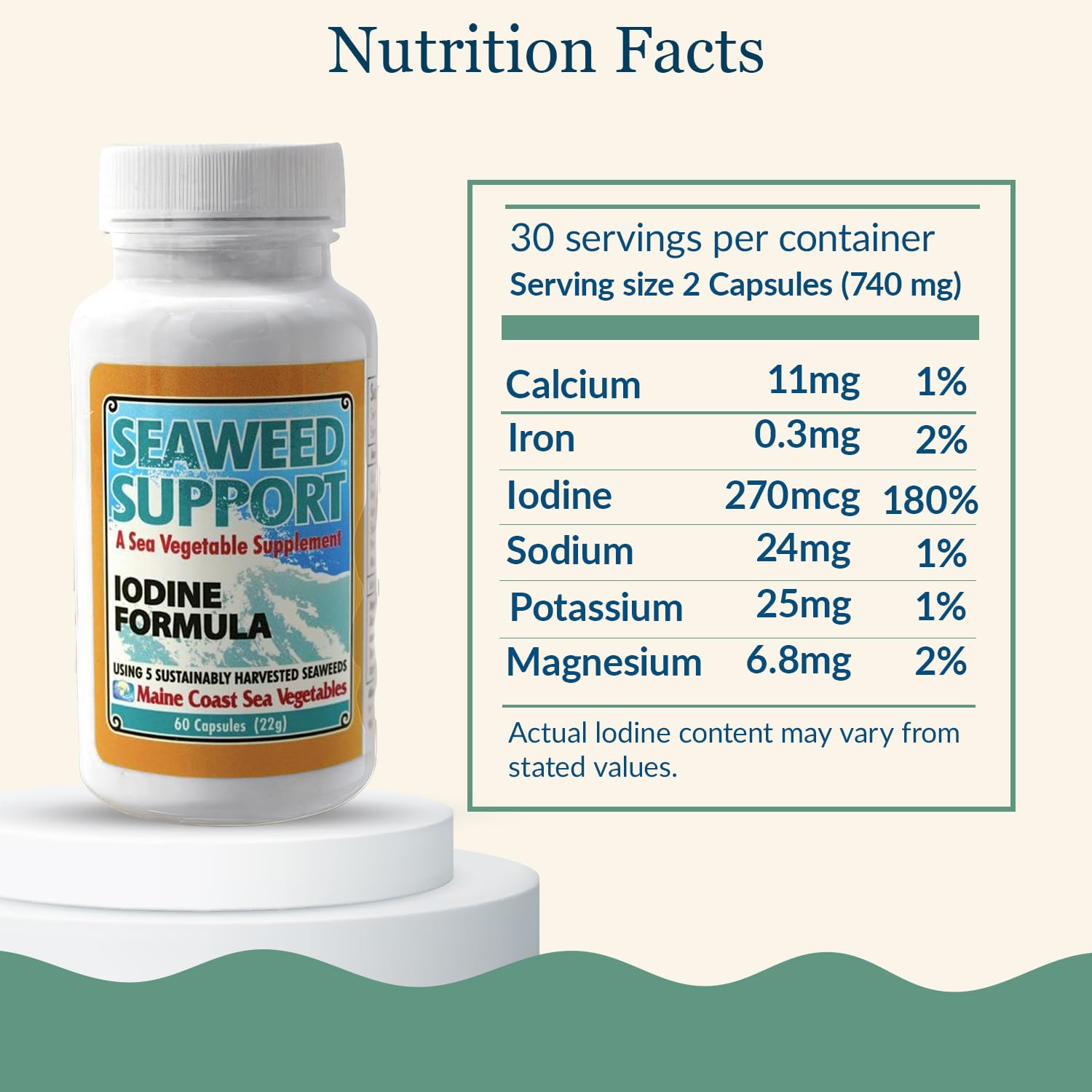 Maine Coast Sea Vegetables Seaweed Support Iodine Formula | Source of Iodine from Seaweed | Daily Use Iodine Supplement | Organic Alaria, Rockweed, Sea Lettuce, Dulse & Bladderwrack blend | 60 Capsule Maine Coast Sea Vegetables Au supplements