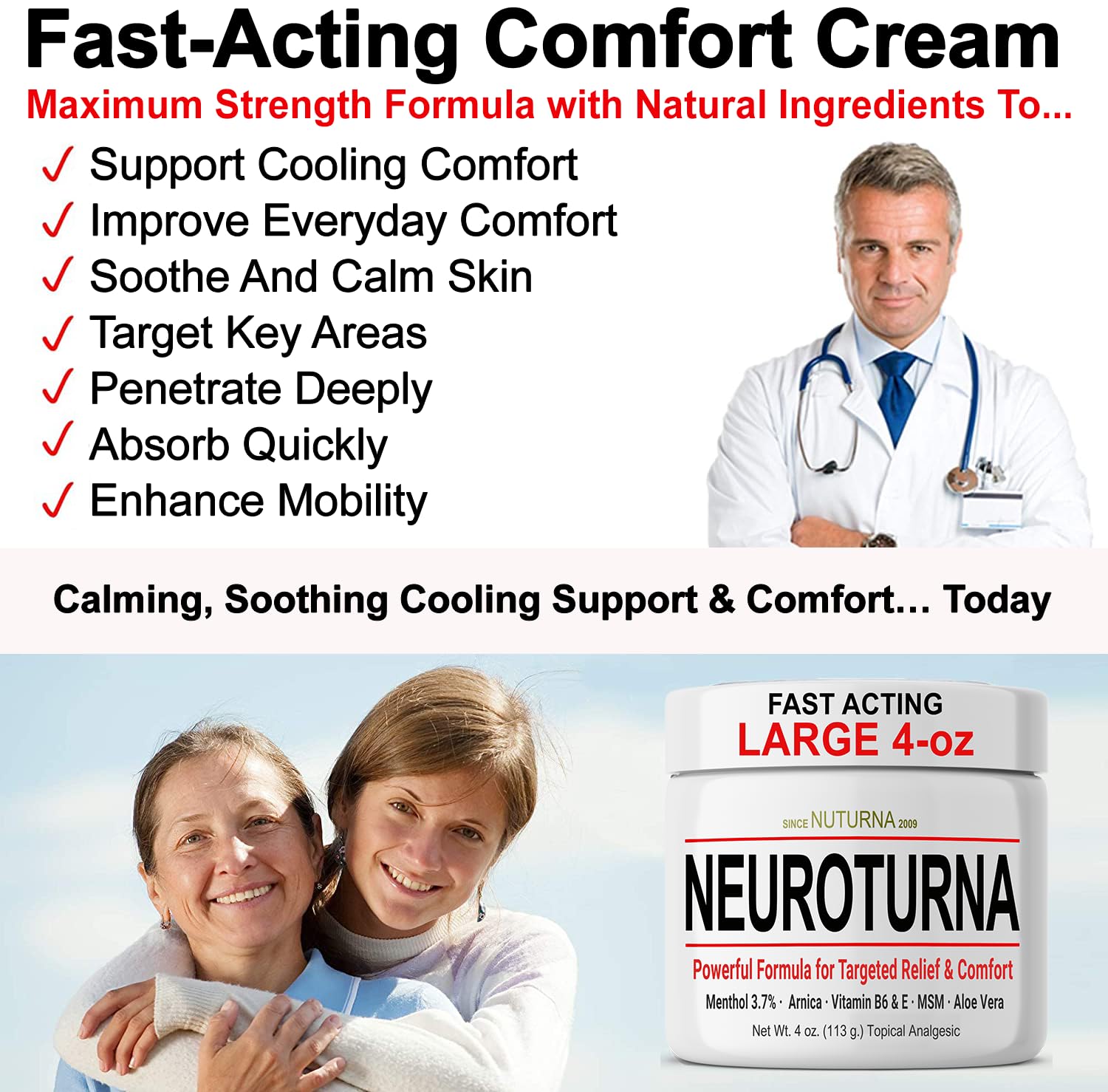 Nuturna Nerve Cream - Fast Acting Comfort for Feet, Hands, Legs & Toes - Ultra Strength Menthol, Arnica, Aloe Vera, MSM - Cooling Soothing Comfort - Non-Greasy, Paraben-Free - 4 oz Nuturna Au supplements